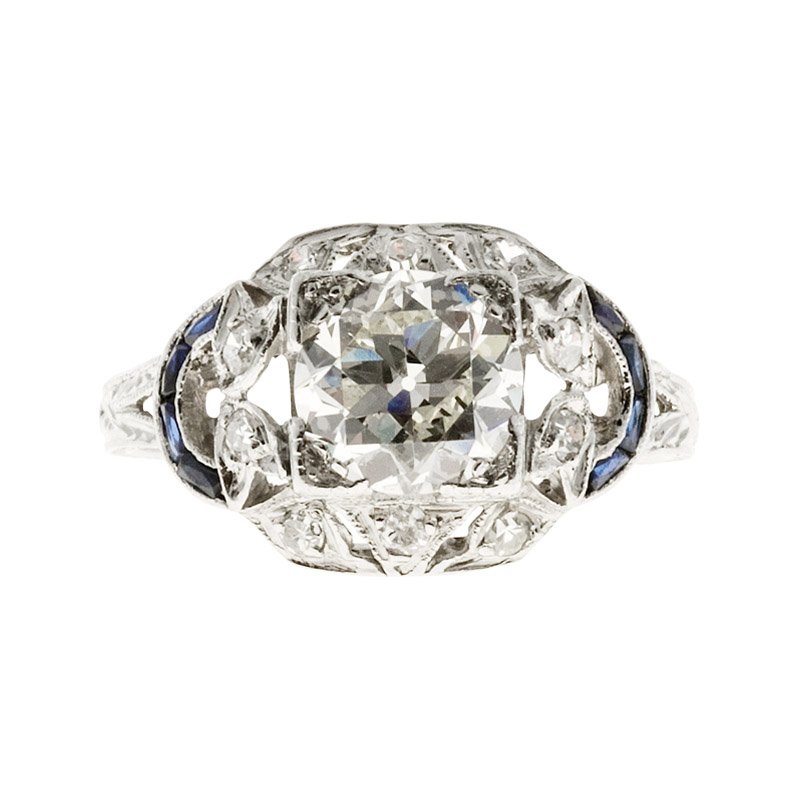 Platinum 1.30ct Diamond and Sapphire Art Deco Ring Size 6.25
