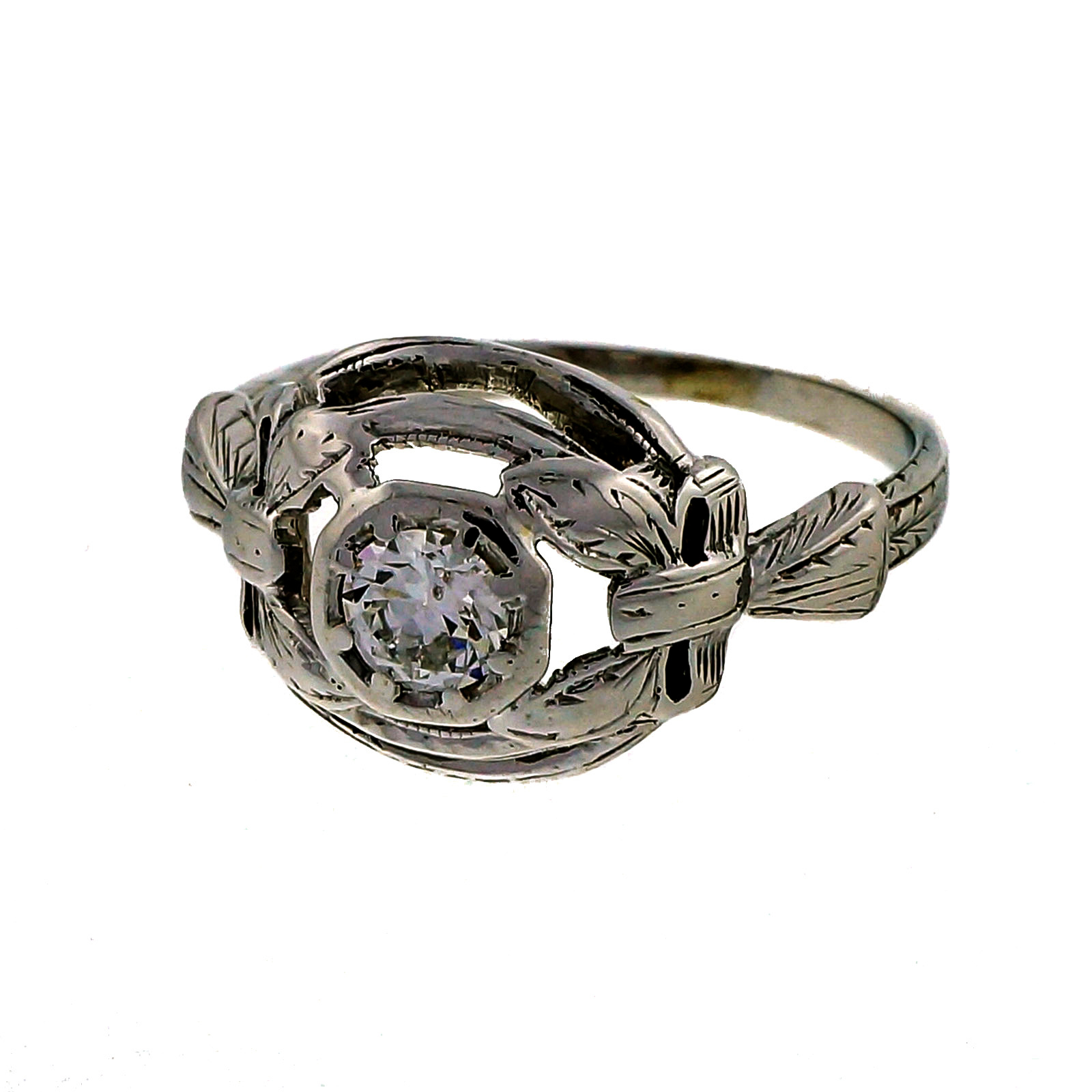 Vintage 14k White Gold Open Pierced Top Dome Ring .30ct Diamond Size 7 1940  