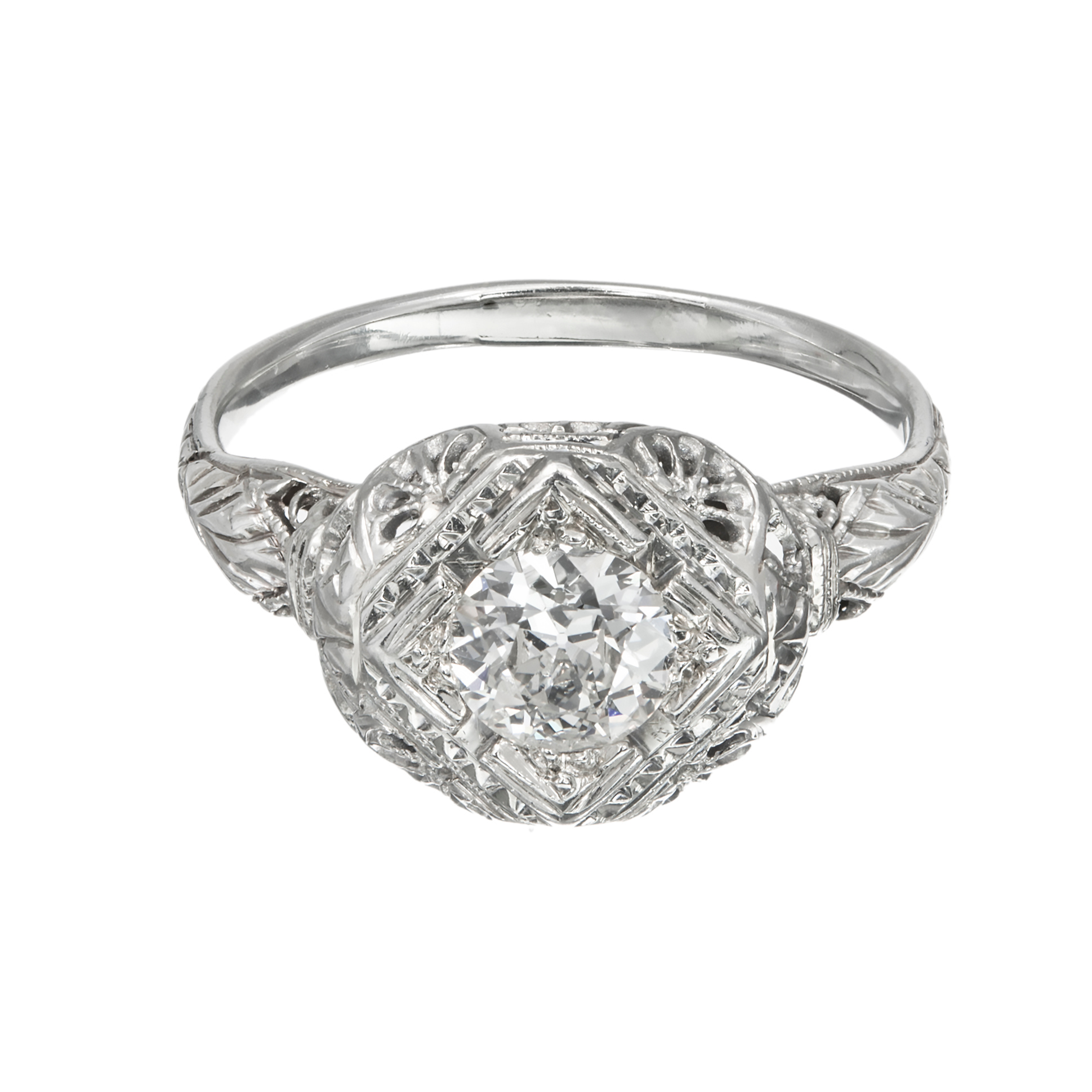 Art Deco 18K White Gold 0.65ct Diamond Ring Size 8