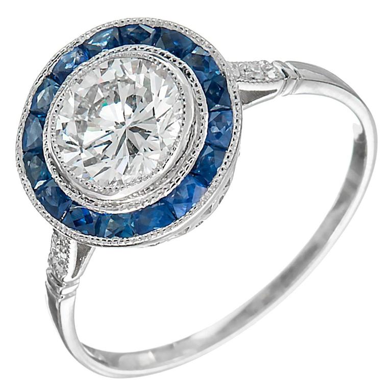 Vintage Platinum European Ideal Cut Diamond and Calibre Cut Blue Sapphire Engagement Ring Size 7