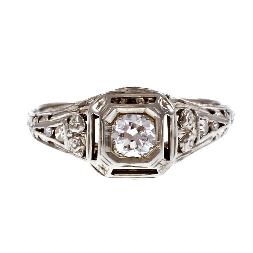 Vintage 18K White Gold 0.25ctw. Diamond Filigree Engagement Ring Size 6.5