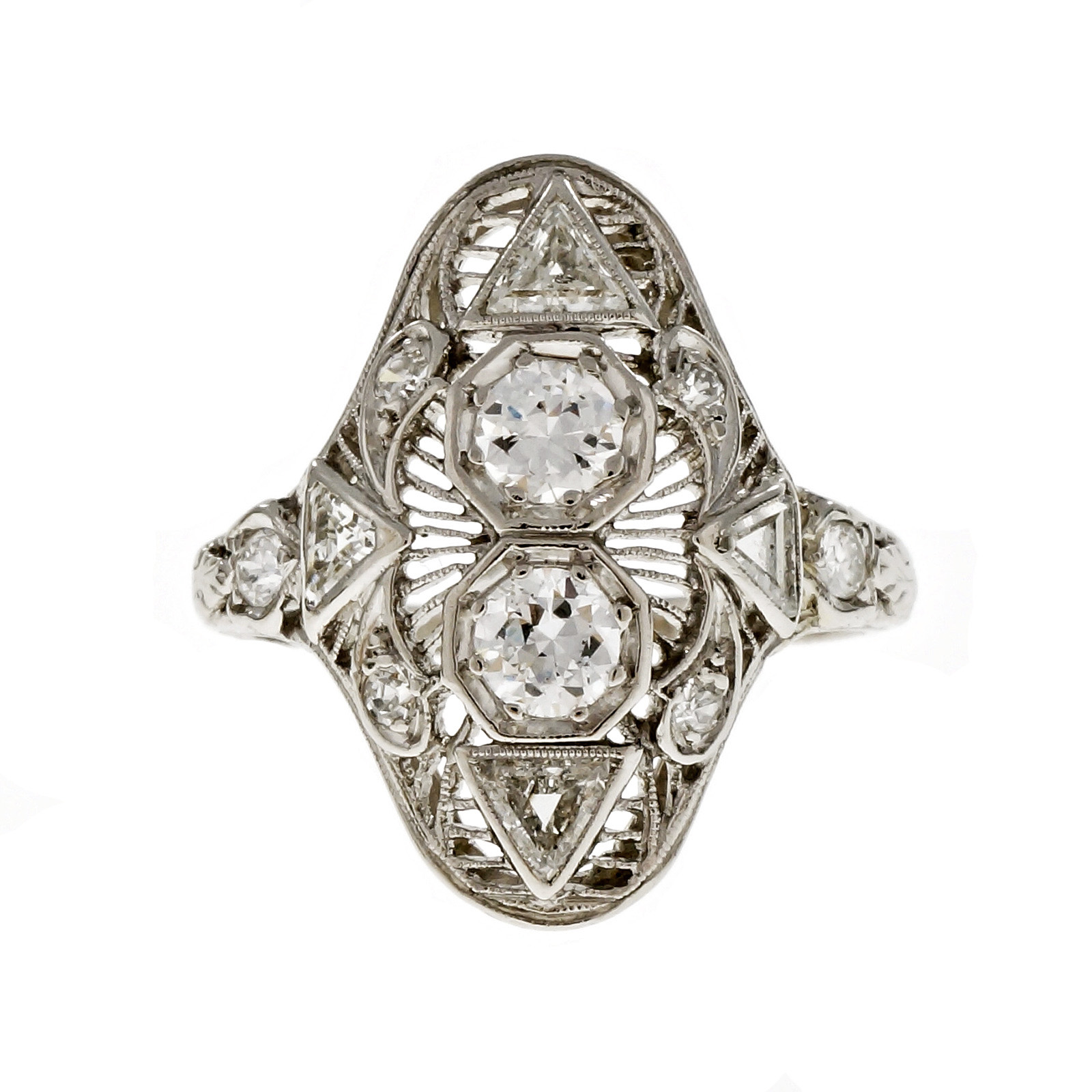 Platinum Filigree Old European Round  Triangle Diamond Ring Size 6.5