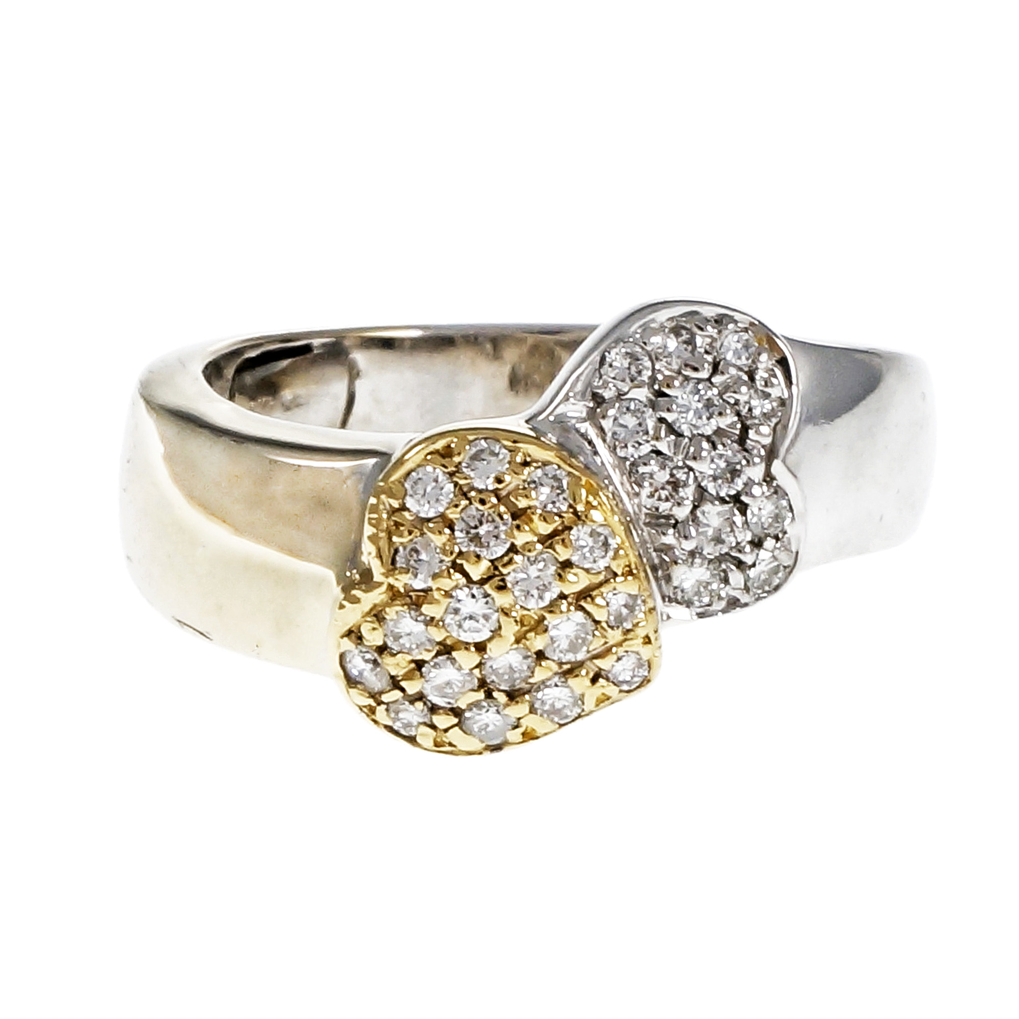 18K Yellow  White Gold Two Heart Pave Diamond Ring Size 5
