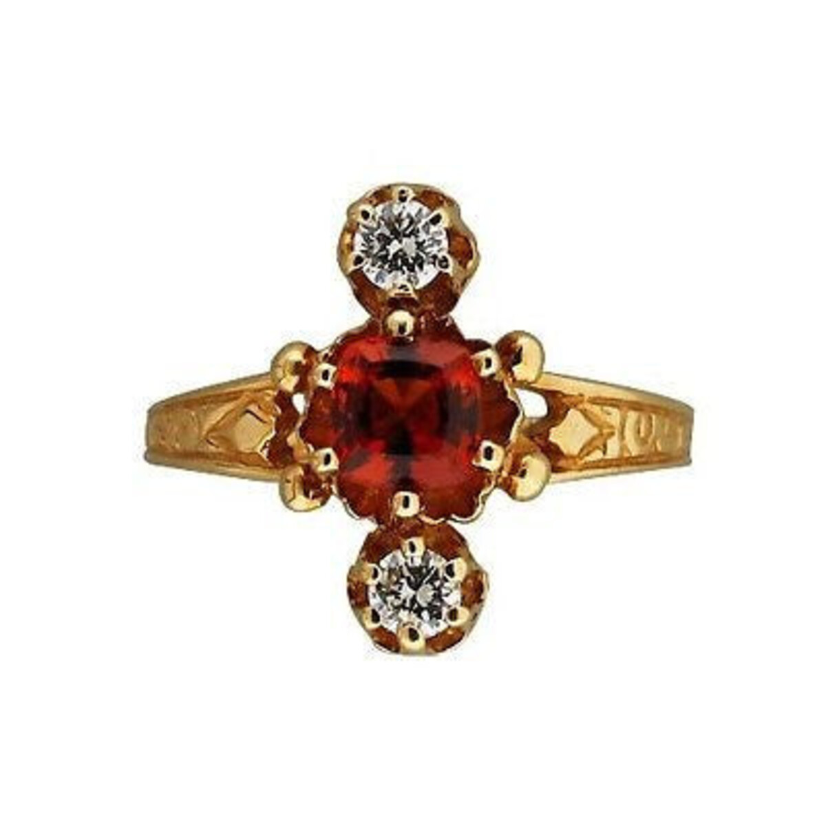 Estate 14K Yellow Gold Orangy Cushion Garnet Brilliant Cut Diamond Ring 1920