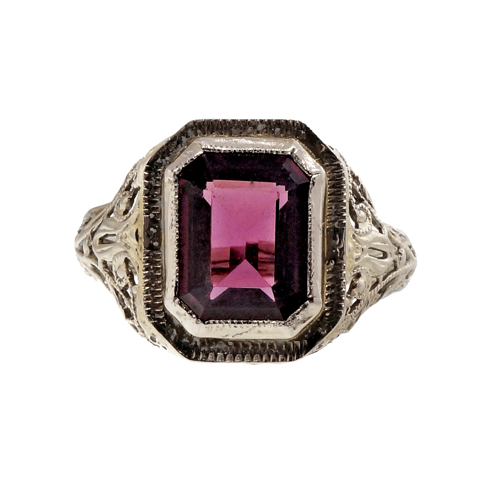 Art Deco 14K White Gold 3.11ct Pinkish Red Rhodolite Garnet Filigree Ring Size 6