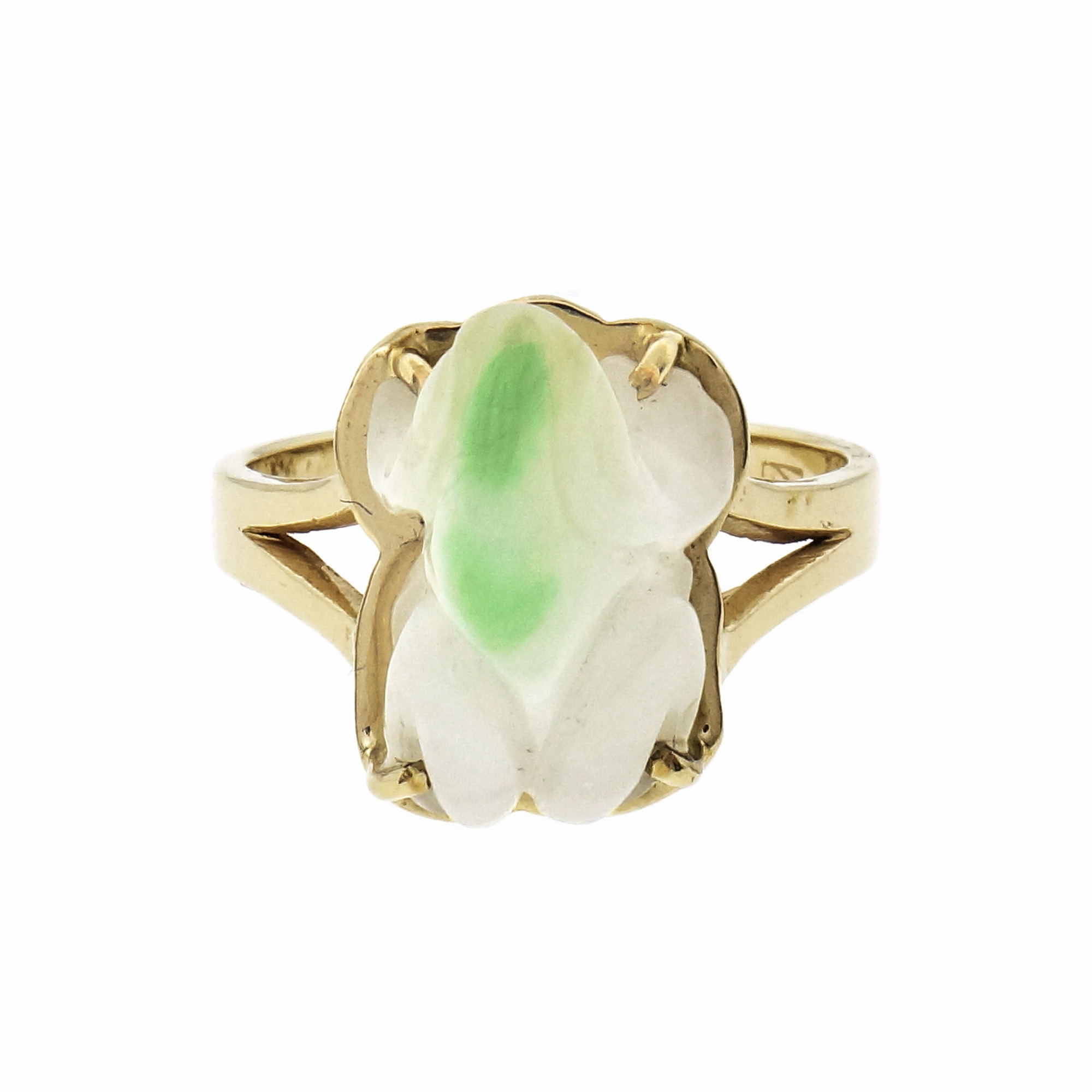 Mottled White  Green Natural Jade Carved Frog Ring 14k Gold GIA Certified