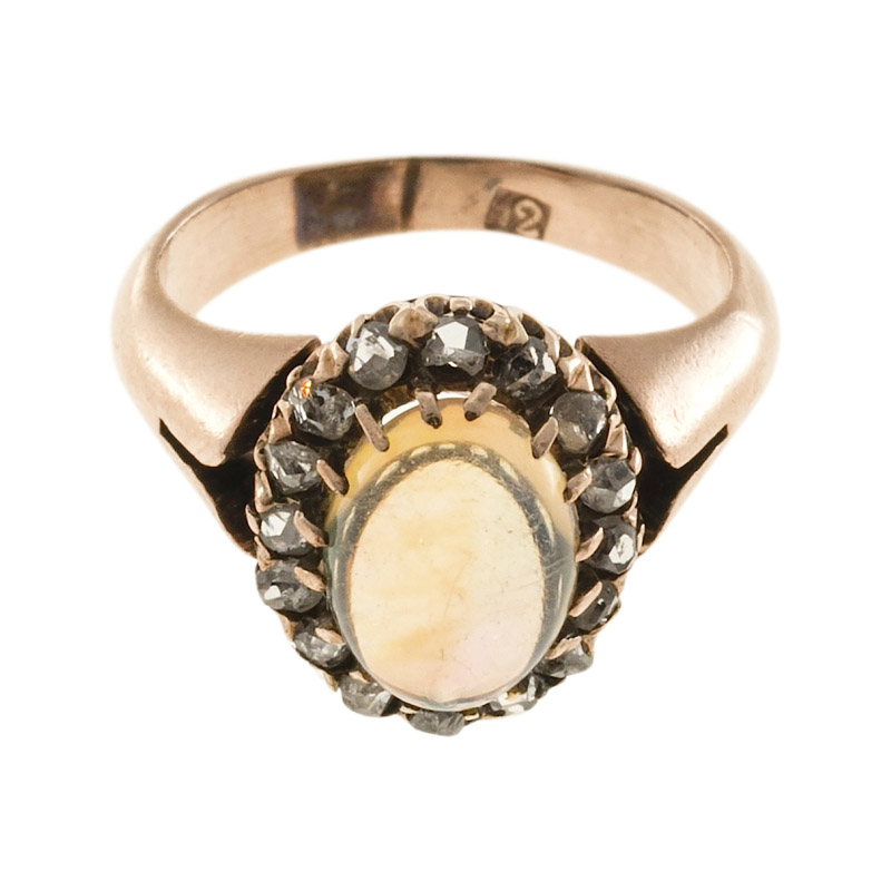 Vintage Rare 14K Rose Gold with Opal and 0.32ct Diamond Ring Size 2.75