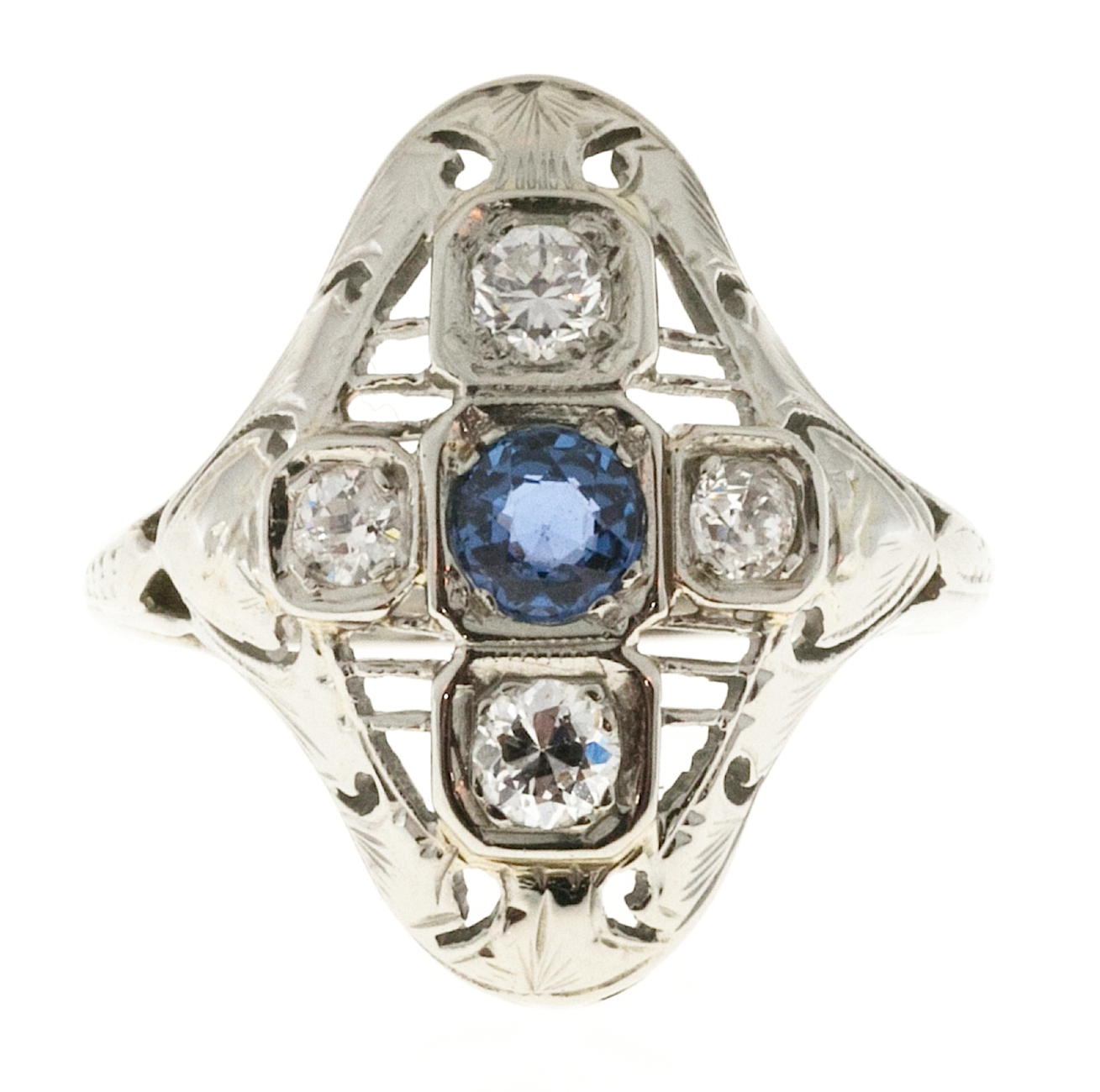 Vintage Art Deco 18K White Gold with 0.25ct Sapphire and Diamond Ring Size 4