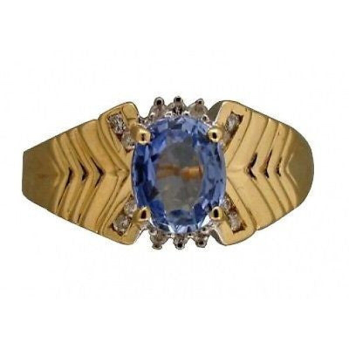 Estate 14K Yellow Gold Oval Light Blue Sapphire Round Diamond 'V' Pattern Ring