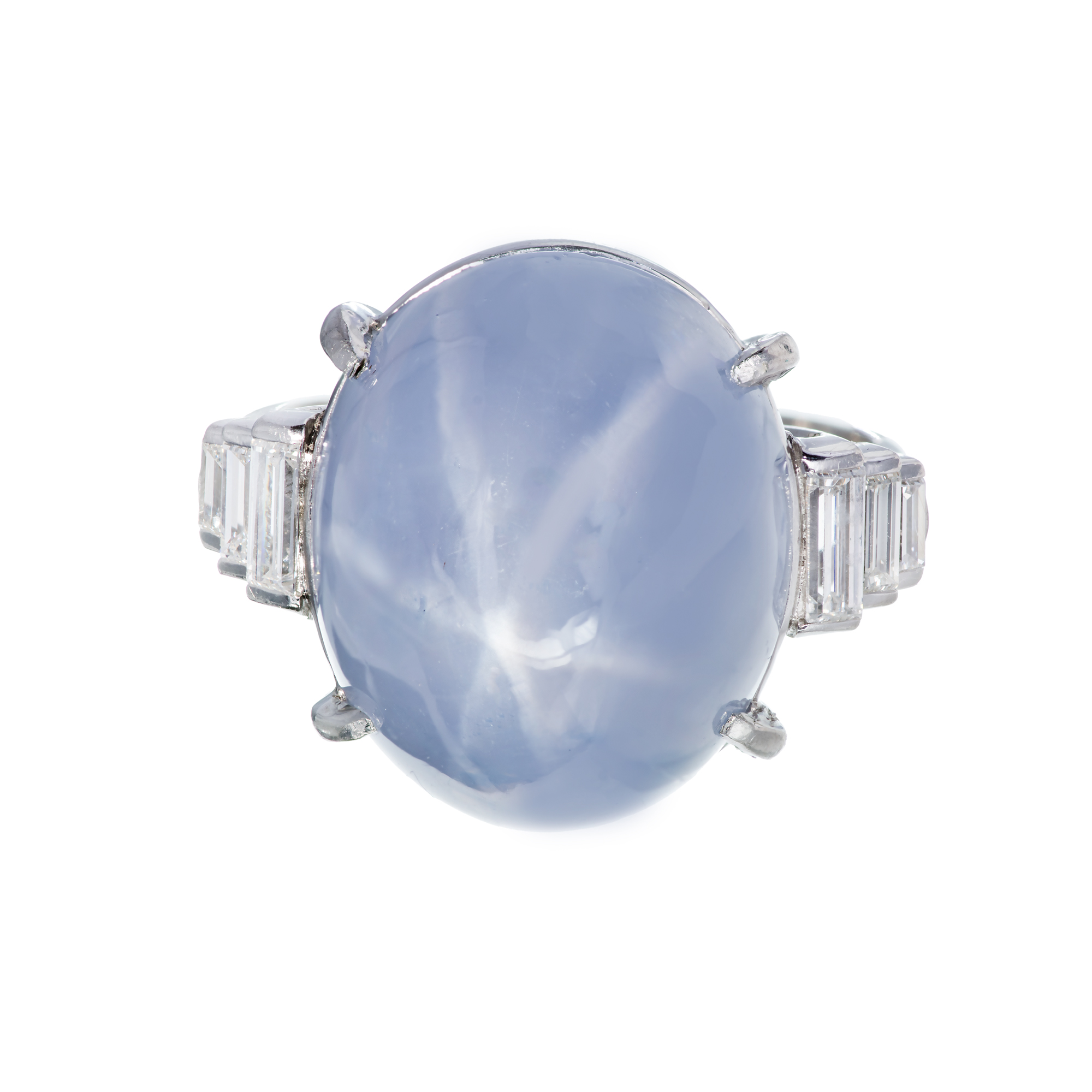 Art Deco Platinum with 30.0ct Domed Star Sapphire  Baguette Diamond Ring Size 6.5