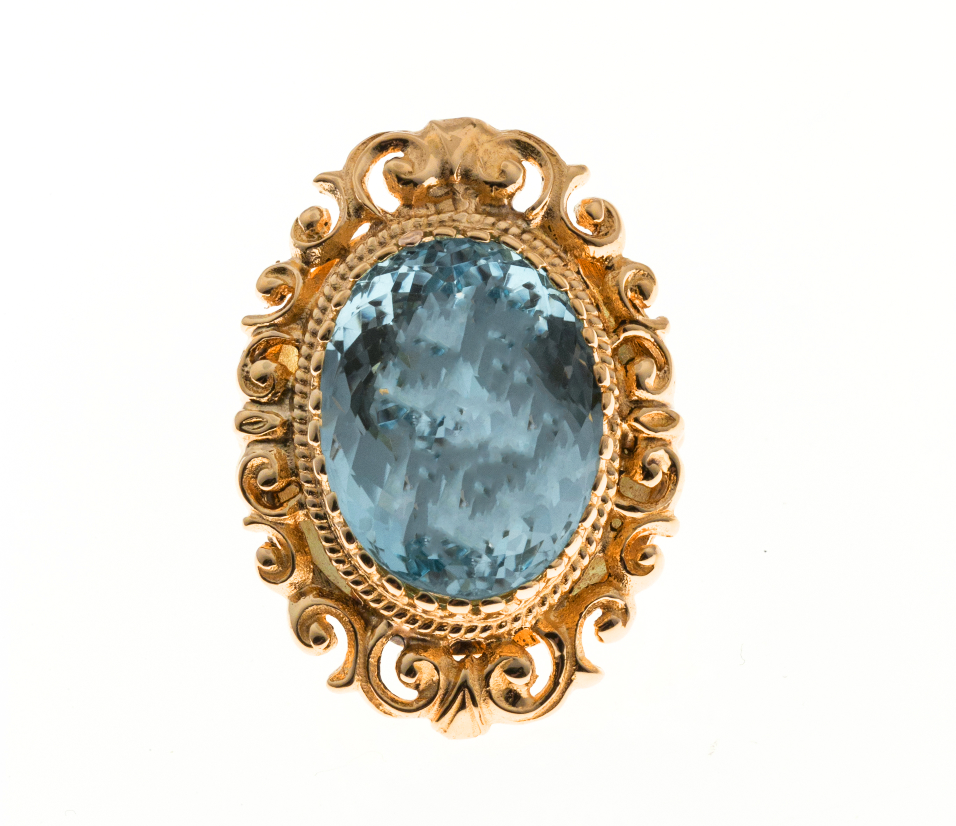 14K Yellow Gold 18.00ct Oval Blue Topaz Victorian Revival Ring Size 6