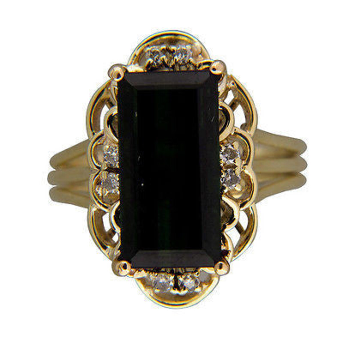 Vintage Elongated 4.00 Ct Deep Emerald Cut Tourmaline 14K Yellow Gold .08 Ct Diamond Ring