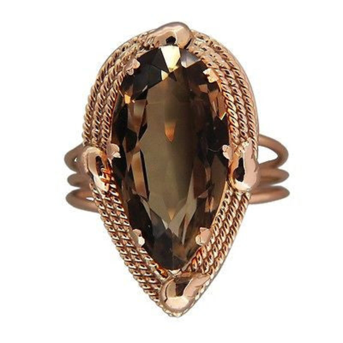 Vintage 14K Rose Gold & 7.00ct Pear Shaped Smoky Quartz Ring Size 7.75