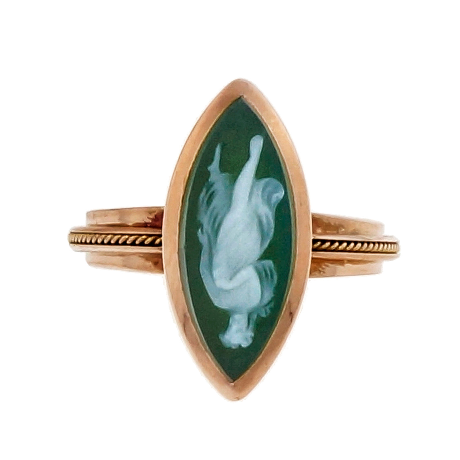 Vintage 18K Pink Gold Green Cameo Quartz  Hardstone Ring Size 6.5