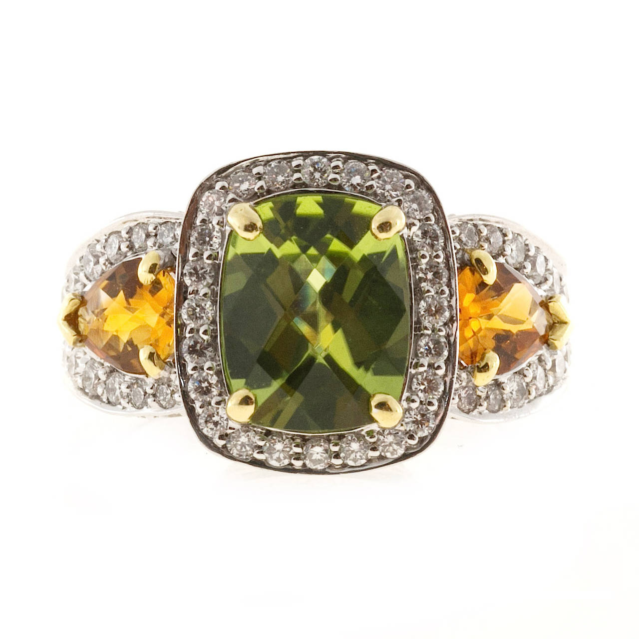 Charles Krypell 18K White Gold with 2.80ct. Peridot, 0.40ct. Citrine  1.95ct. Diamond Vintage Ring Size 7