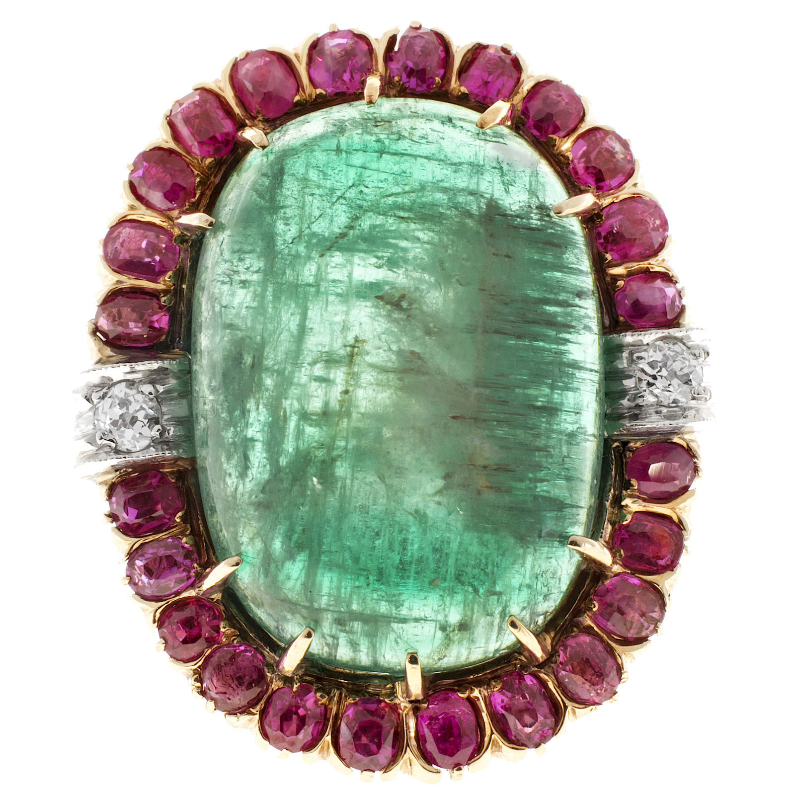 Vintage Deco 14K Rose Gold 20ct Emerald, Pink Sapphire  Diamonds Ring Size 6.75