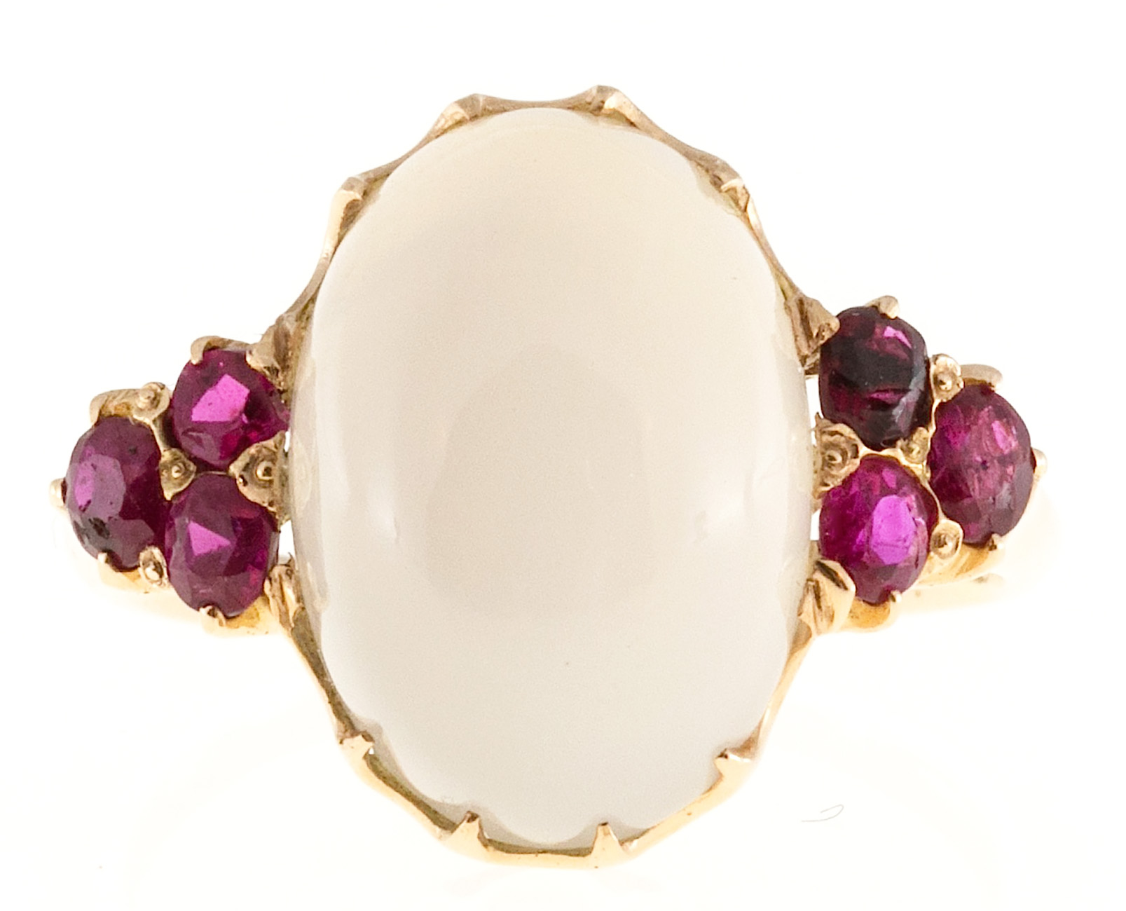 Vintage Art Deco 14K Rose Gold with 5.50ct Moonstone  0.90ct Ruby Ring Size 8.75