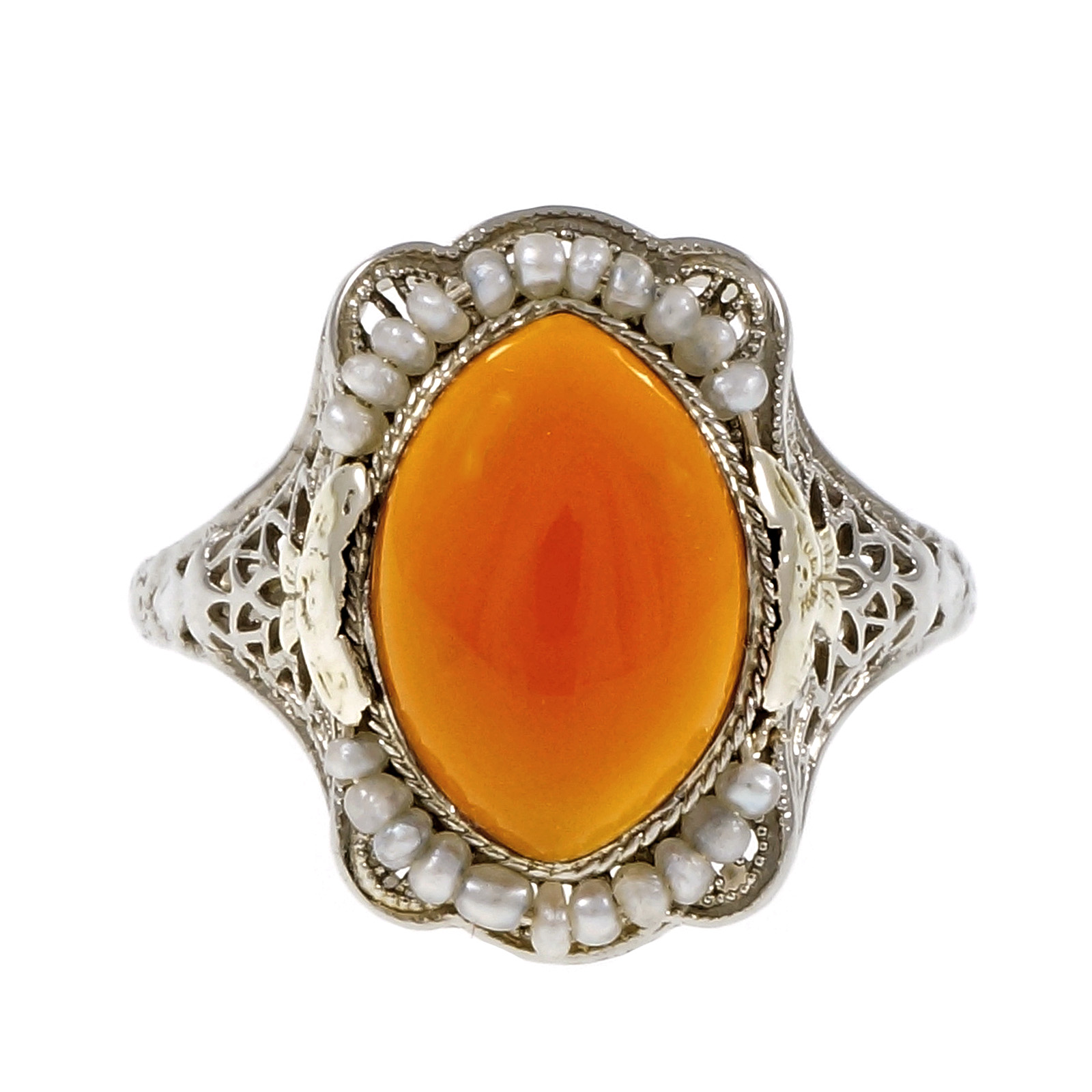 14K White Gold Carnelian Pearl Ring Size 8.25