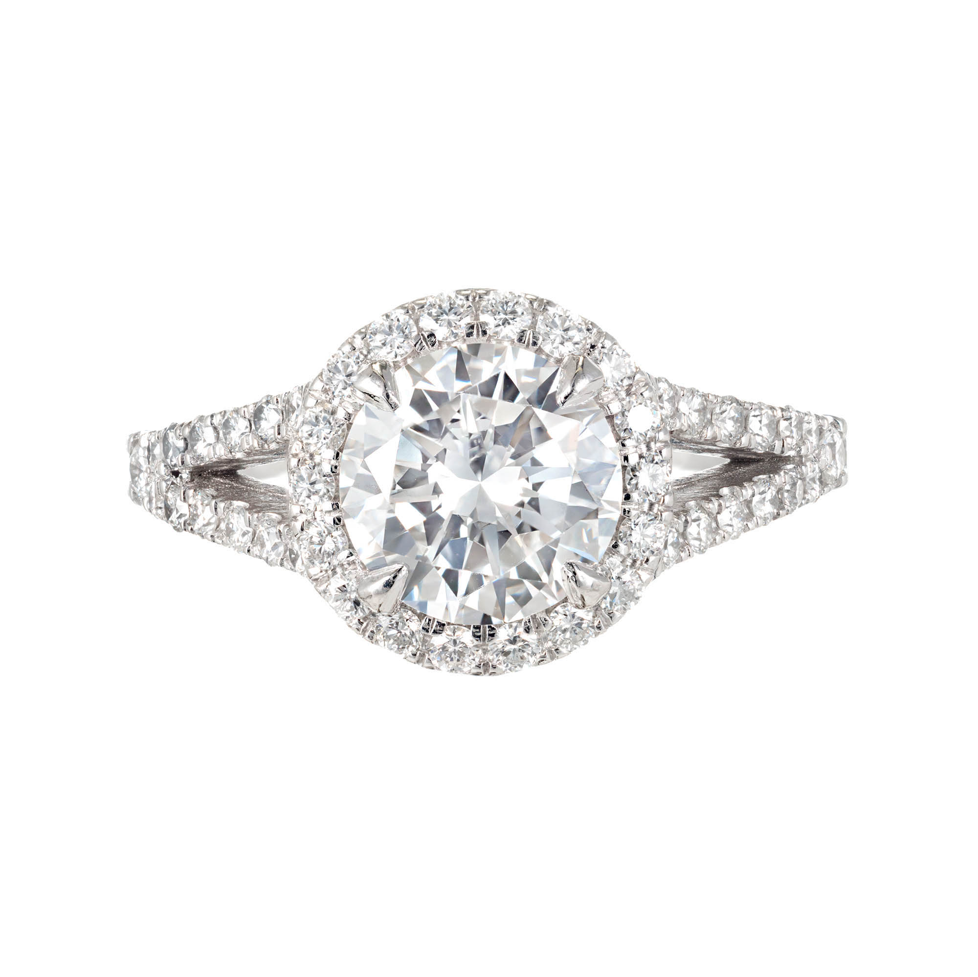 Peter Suchy Round Diamond Halo Ring Split Shank Platinum 1.55ct E, VS1