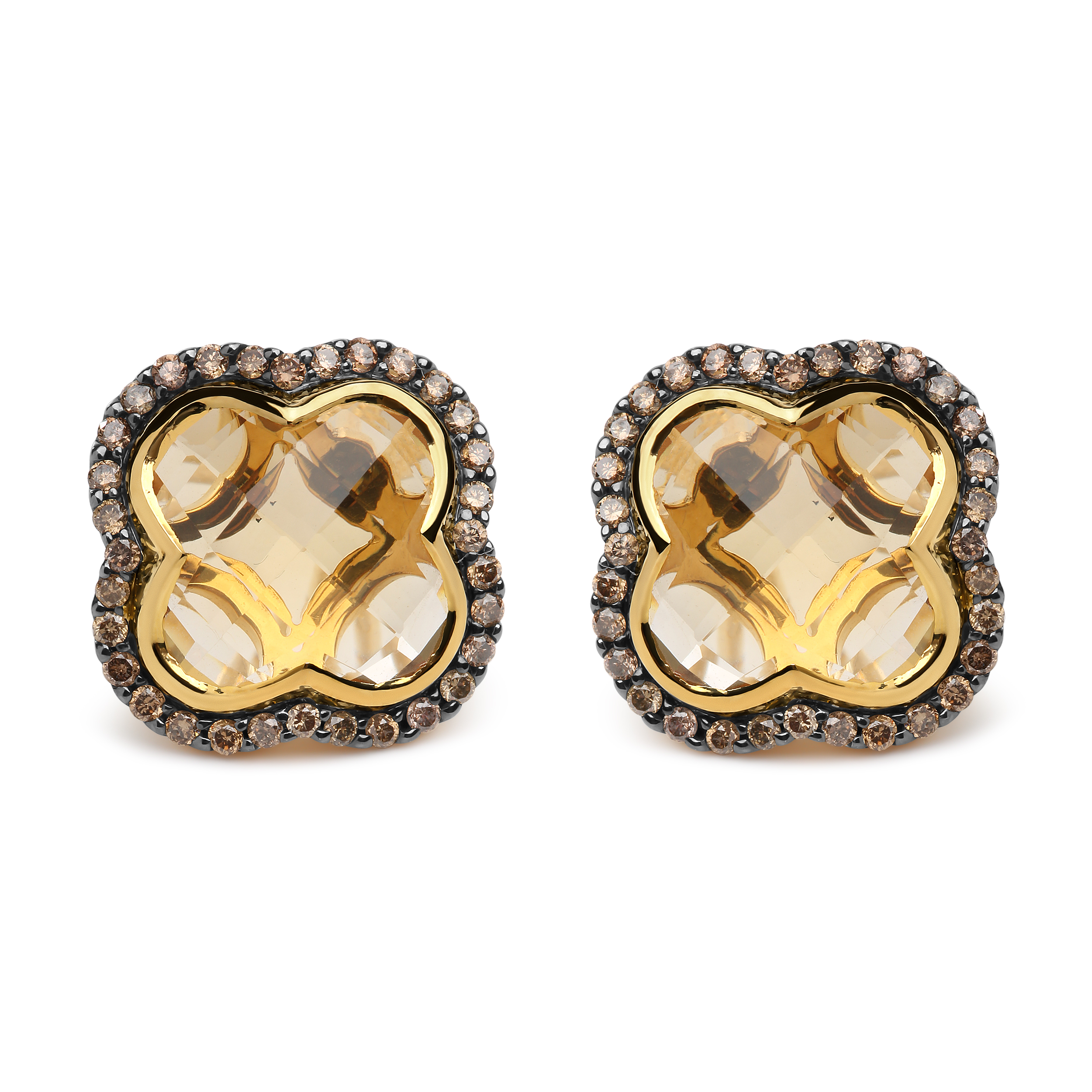 True 18K Yellow Gold 1/2 Cttw  Brown Diamond and 11x11mm Clover-Cut Yellow Citrine Gemstone Clover Halo Stud Earrings (Brown Color, SI1-SI2 Clarity)