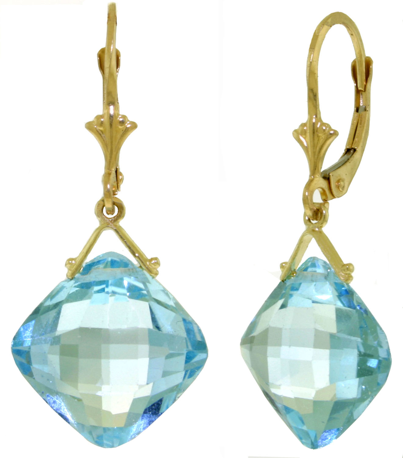 17.5 CTW 14K Solid Gold Leverback Earrings Checkerboard Cut Blue Topaz