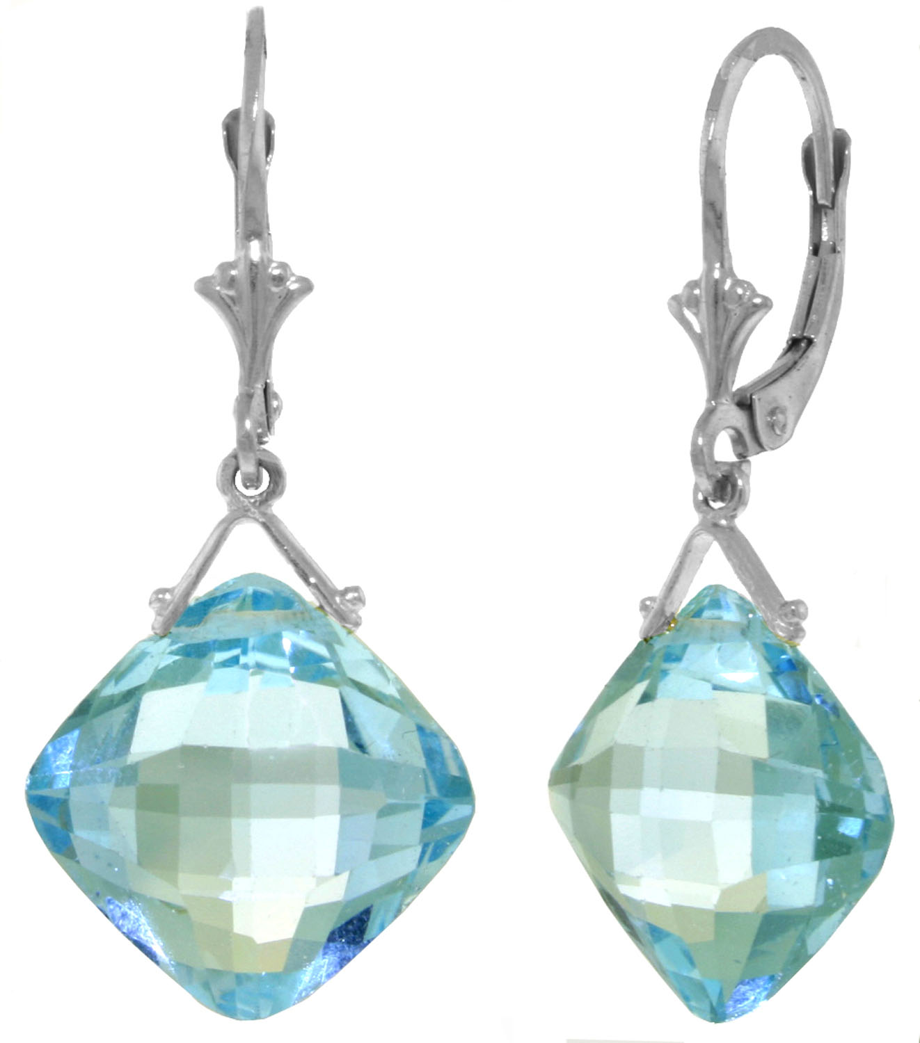 17.5 CTW 14K Solid White Gold Leverback Earrings Checkerboard Cut Blue Topaz