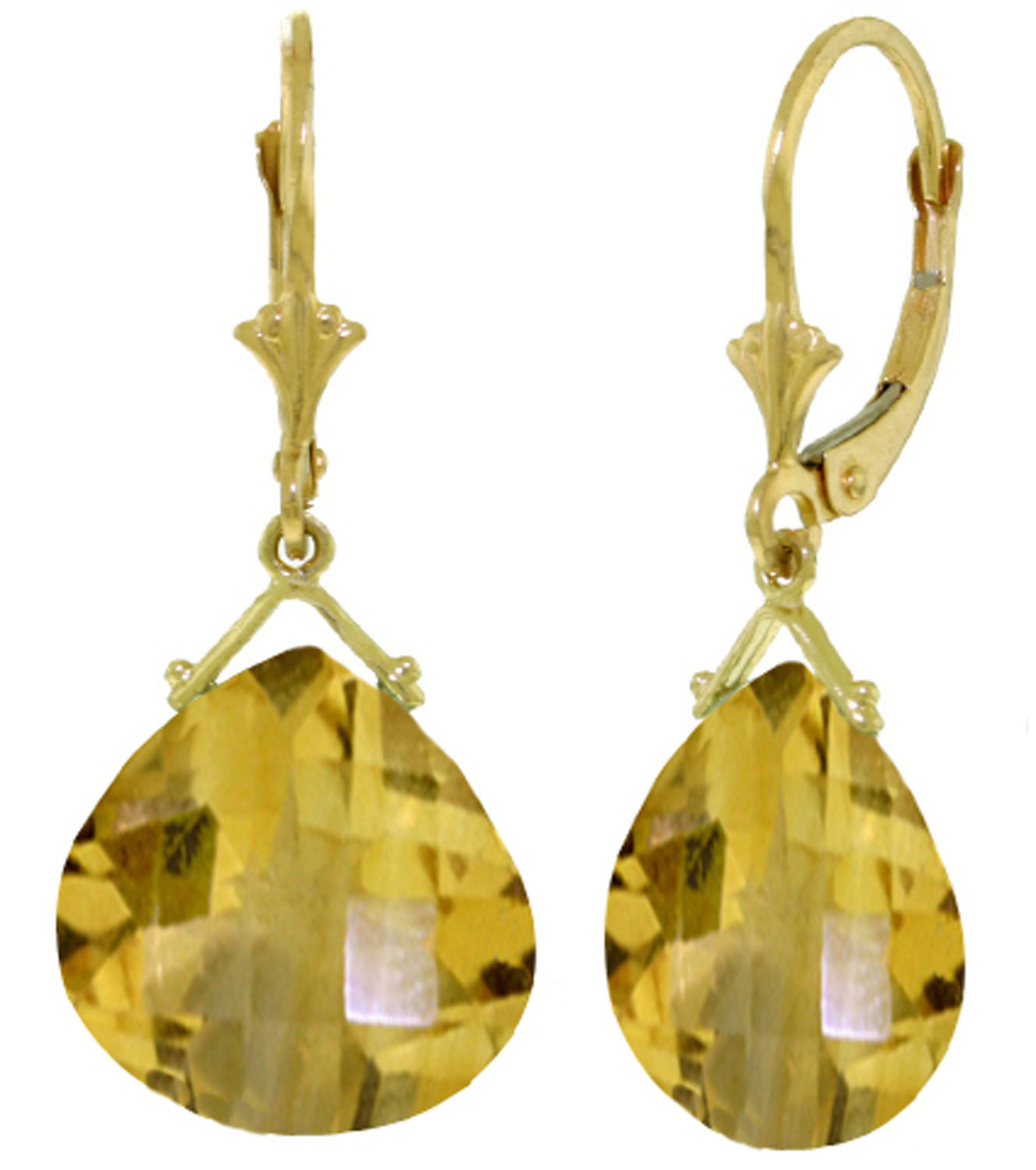 17 CTW 14K Solid Gold Leverback Earrings Checkerboard Cut Citrine