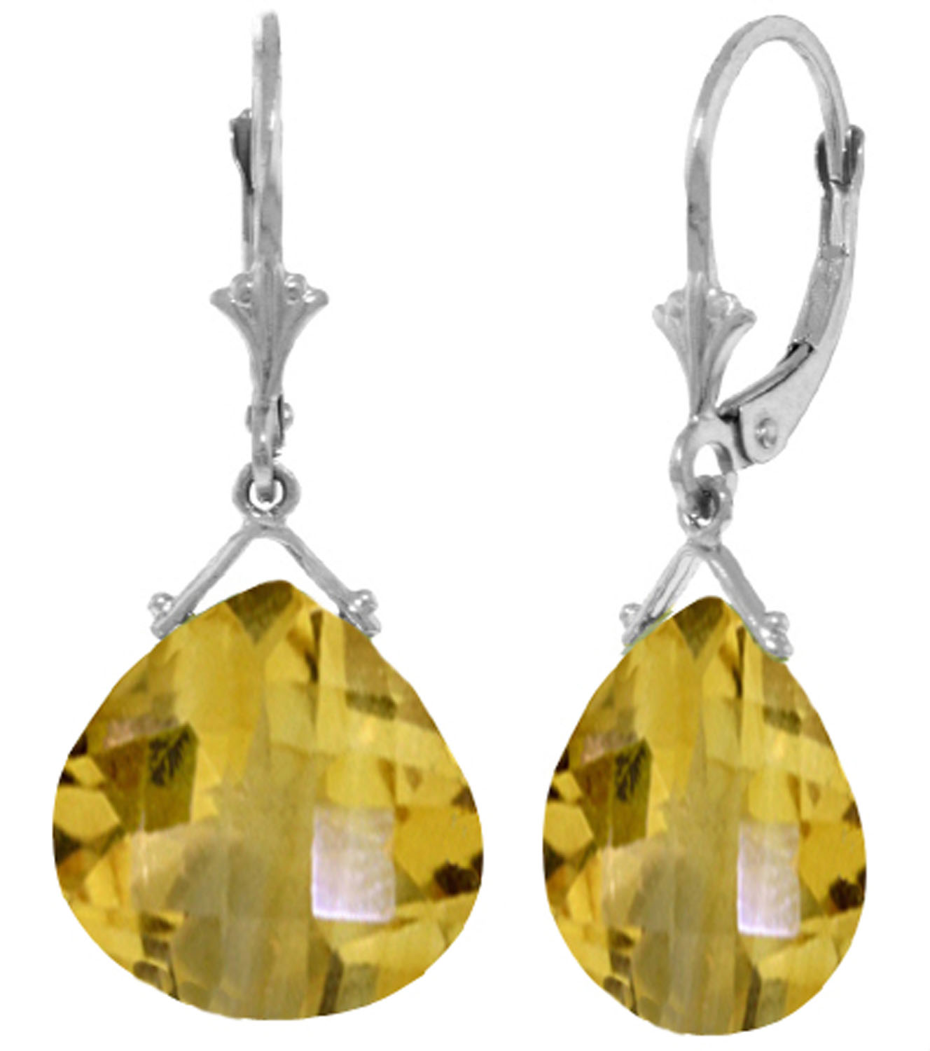 17 CTW 14K Solid White Gold Leverback Earrings Checkerboard Cut Citrine