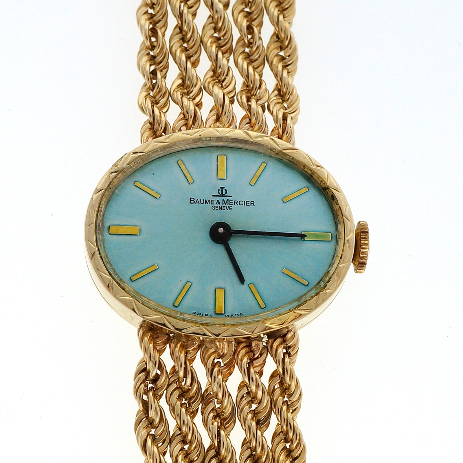 Vintage Ladies Baume & Mercier 1960 14k Gold Rope Bracelet Watch Ice Blue Dial