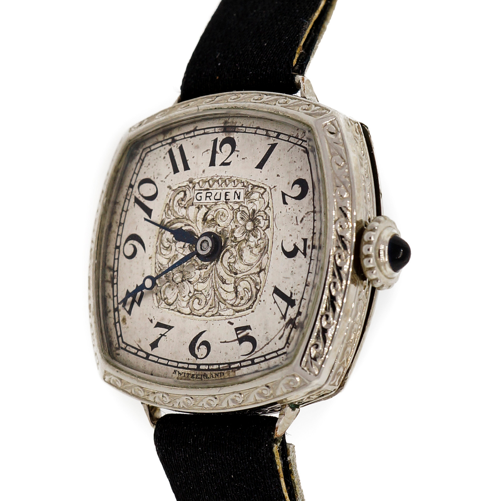 Vintage 1925 Ladies Gruen White Gold Filled Black Satin Band