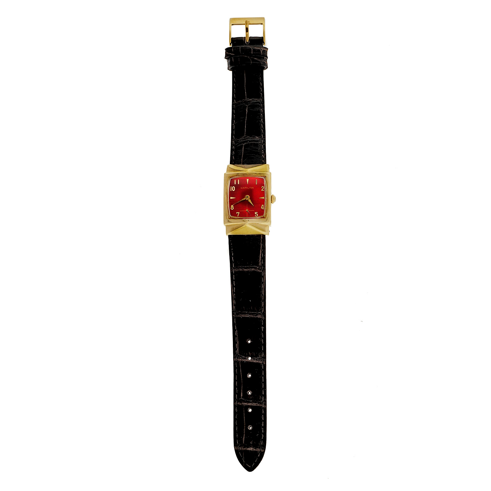 Hamilton 14K Yellow Gold Strap Red Dial 23mm Womens Watch 1950 