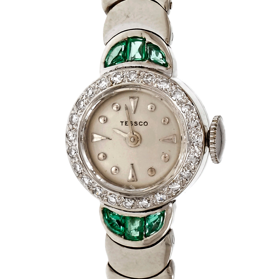 Mid Century Tessco Emerald Diamond White Gold Manual Wind Wrist Watch