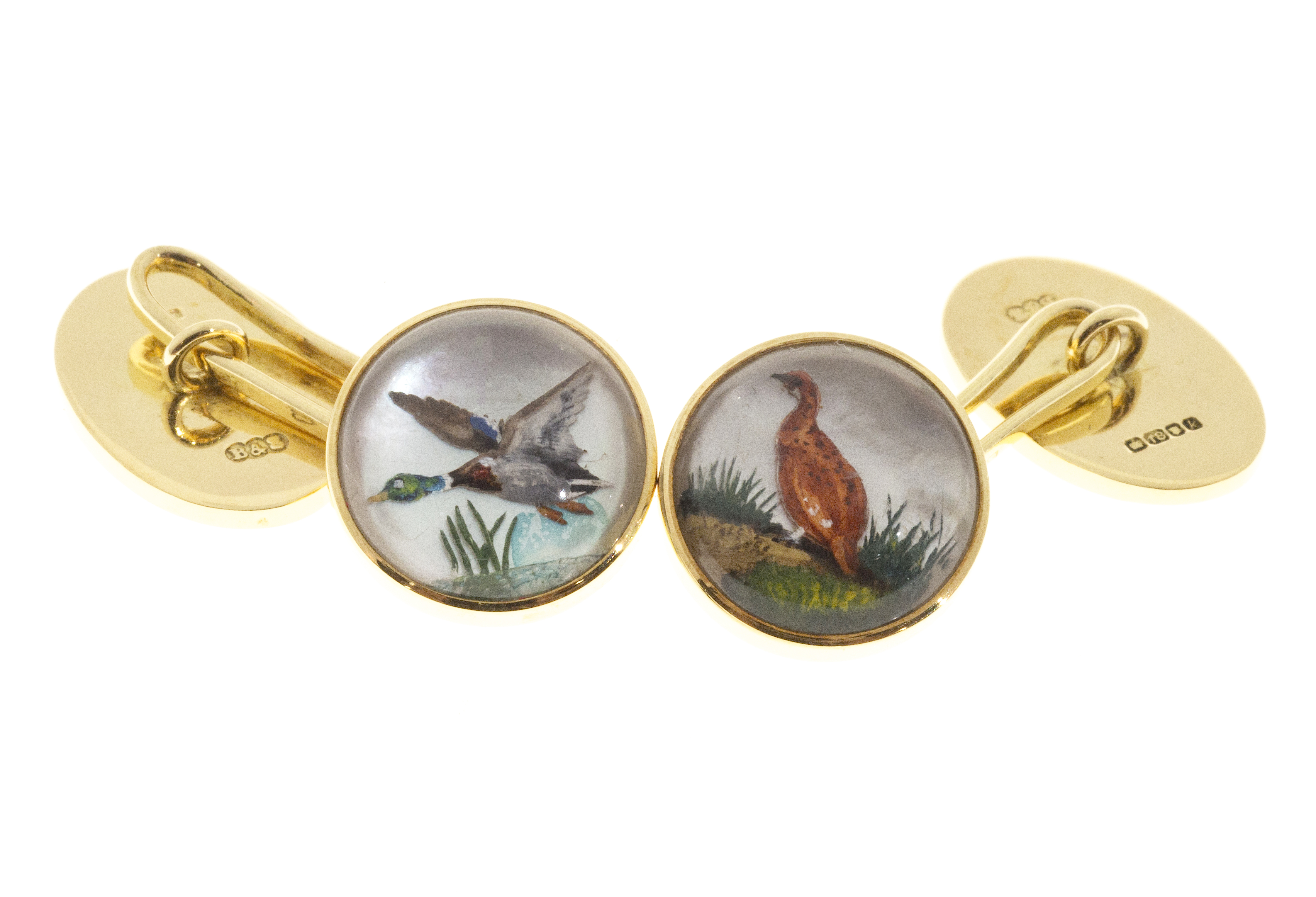 18k Yellow Gold Carved Crystal Duck Pheasant Cuff Links