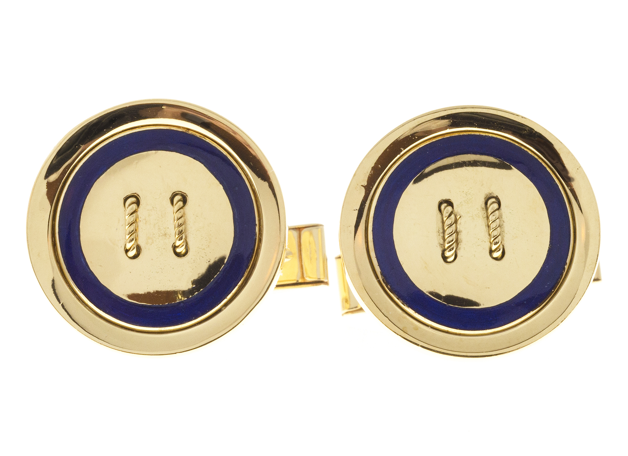 Vintage Blue Enamel Button Style 18k Gold Cuff Links