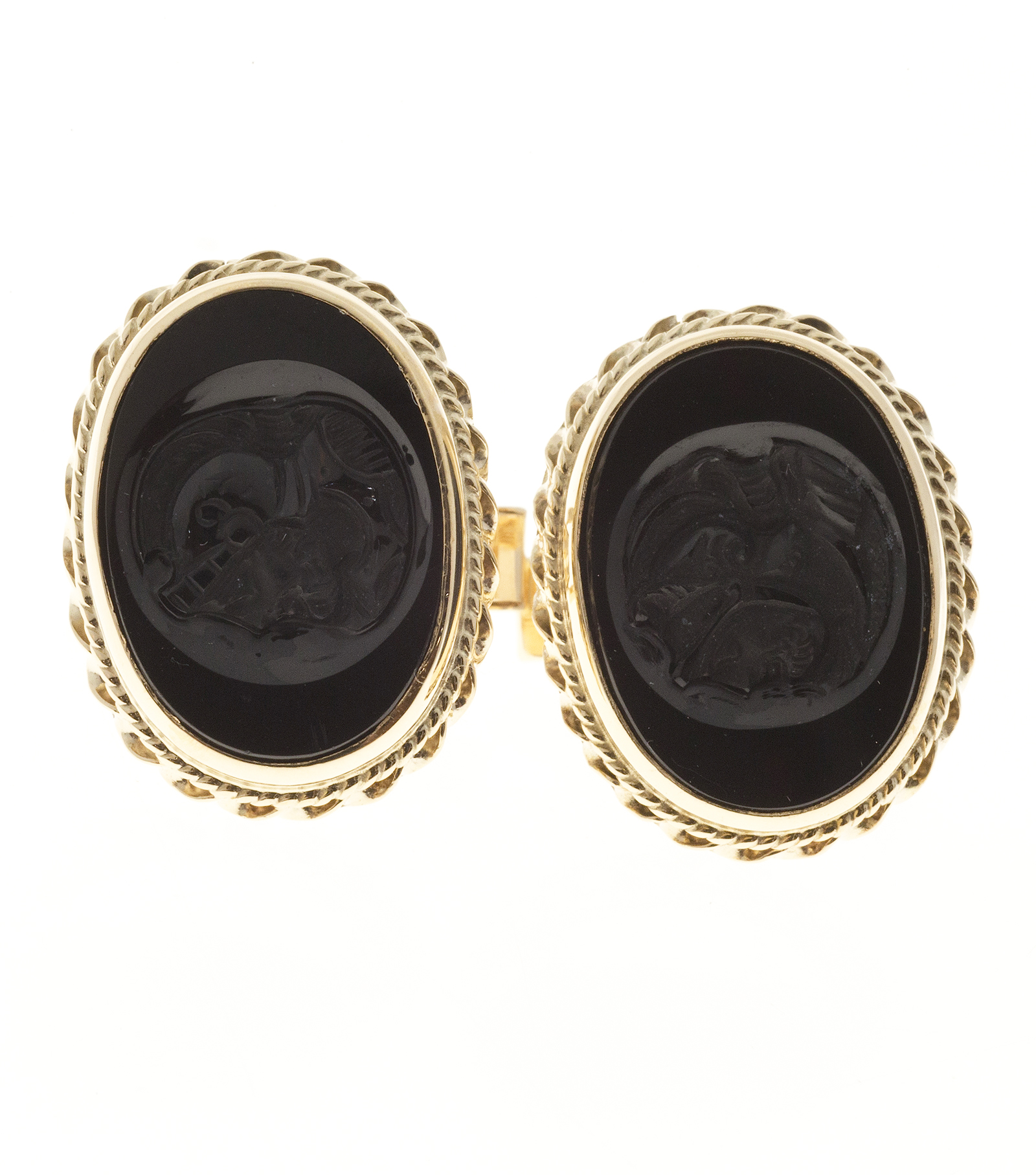Vintage Oval Carved Carnelian 14k Yellow Gold Cuff Links Roman Soldier Profile
