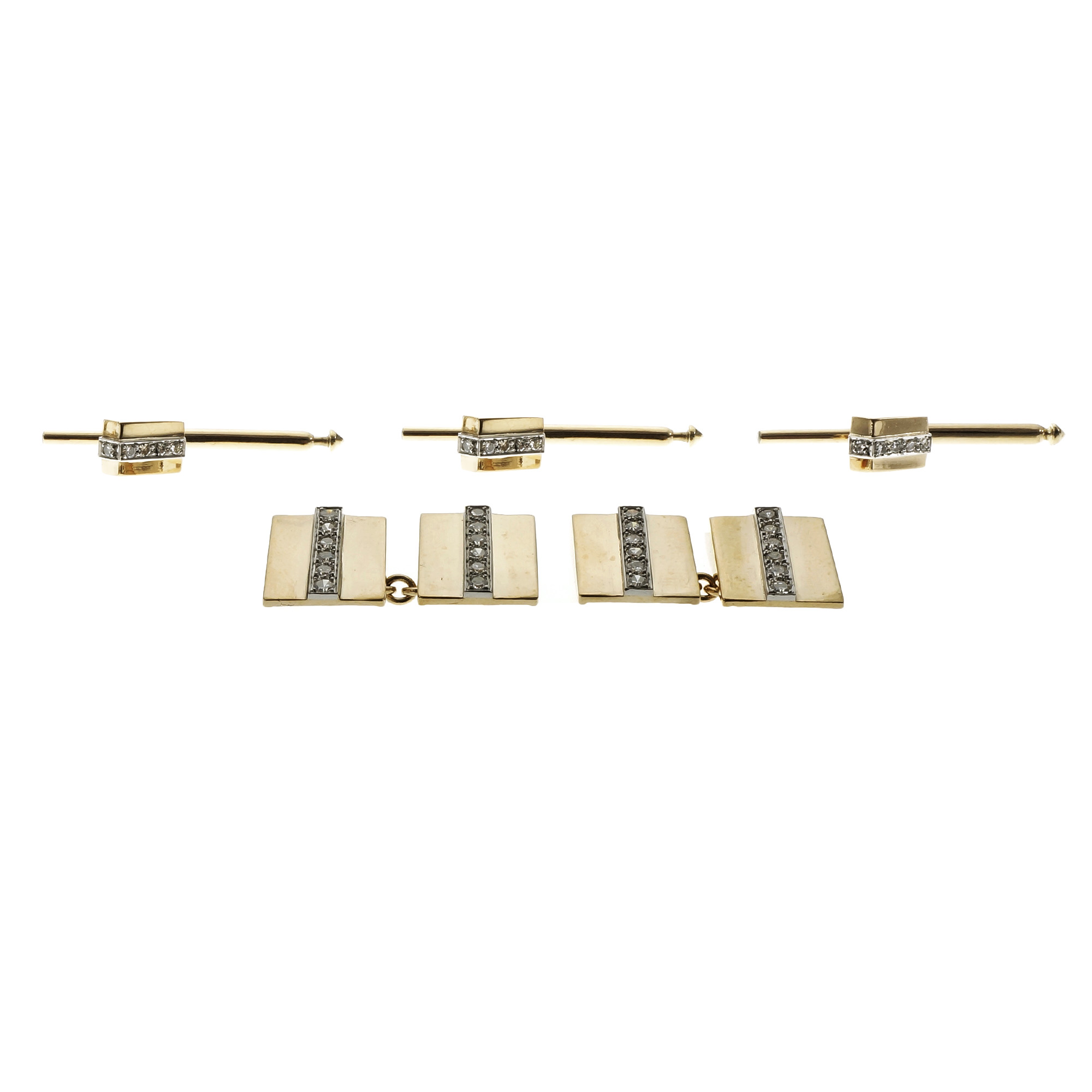 14k Yellow Gold Diamond Vintage Geometric Cuff Link Shirt Stud Set 