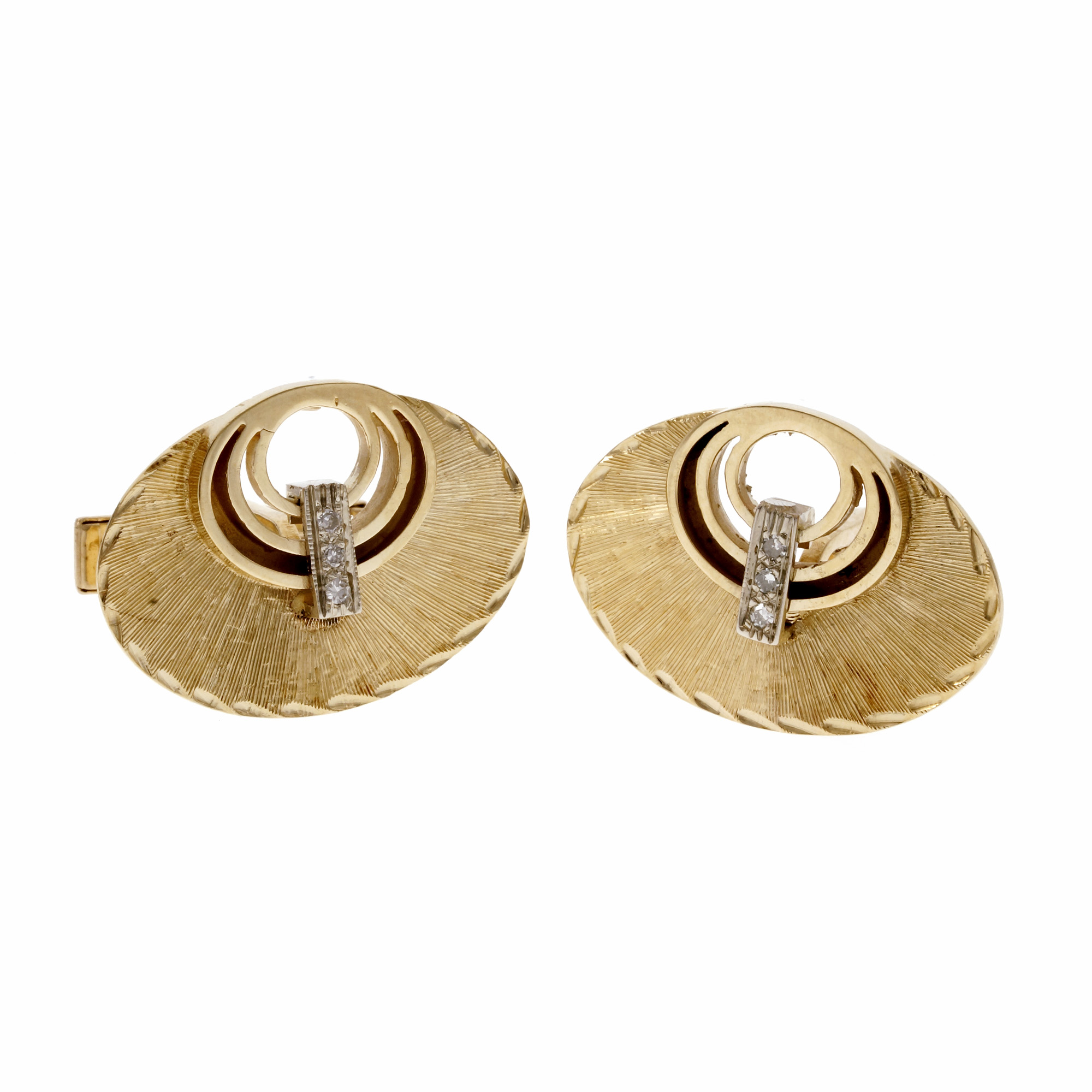 Victorian 1960 Textured Oval Cuff Links 14k Gold Diamond 