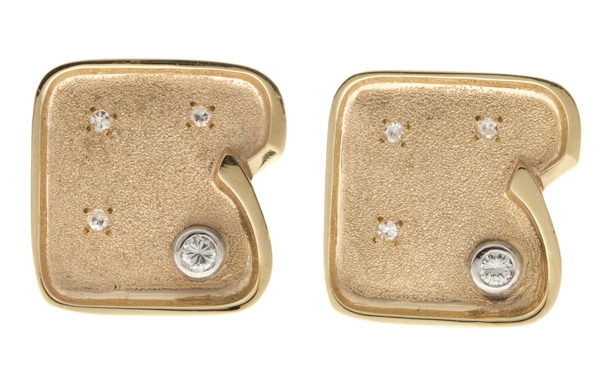 Estate Unique 1960s 14k Textured Yellow Gold Full/Single Cut Diamond Cuff Links