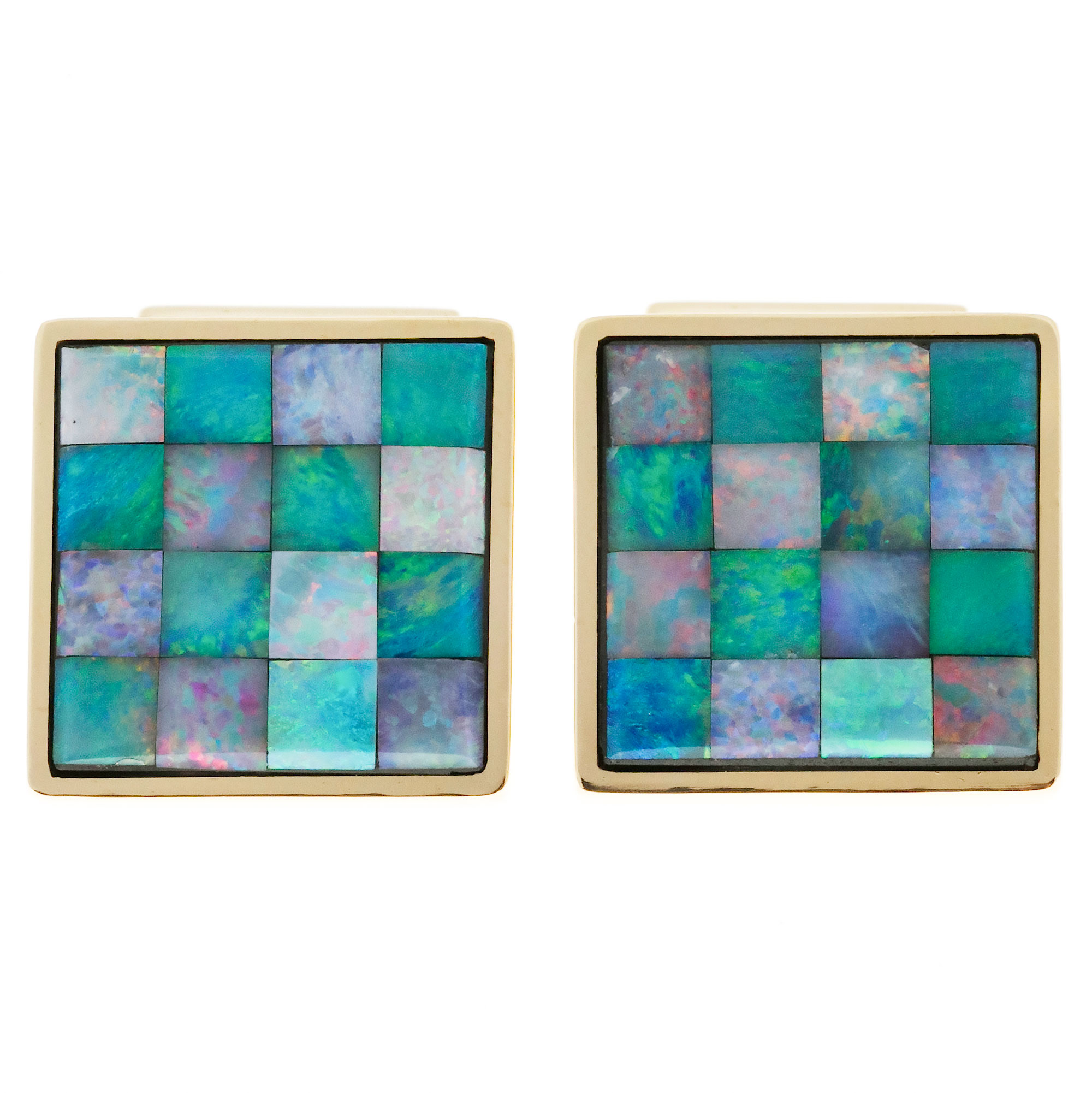 Vintage Opal Mosaic Square Cuff Links 18k Yellow Gold Italian
