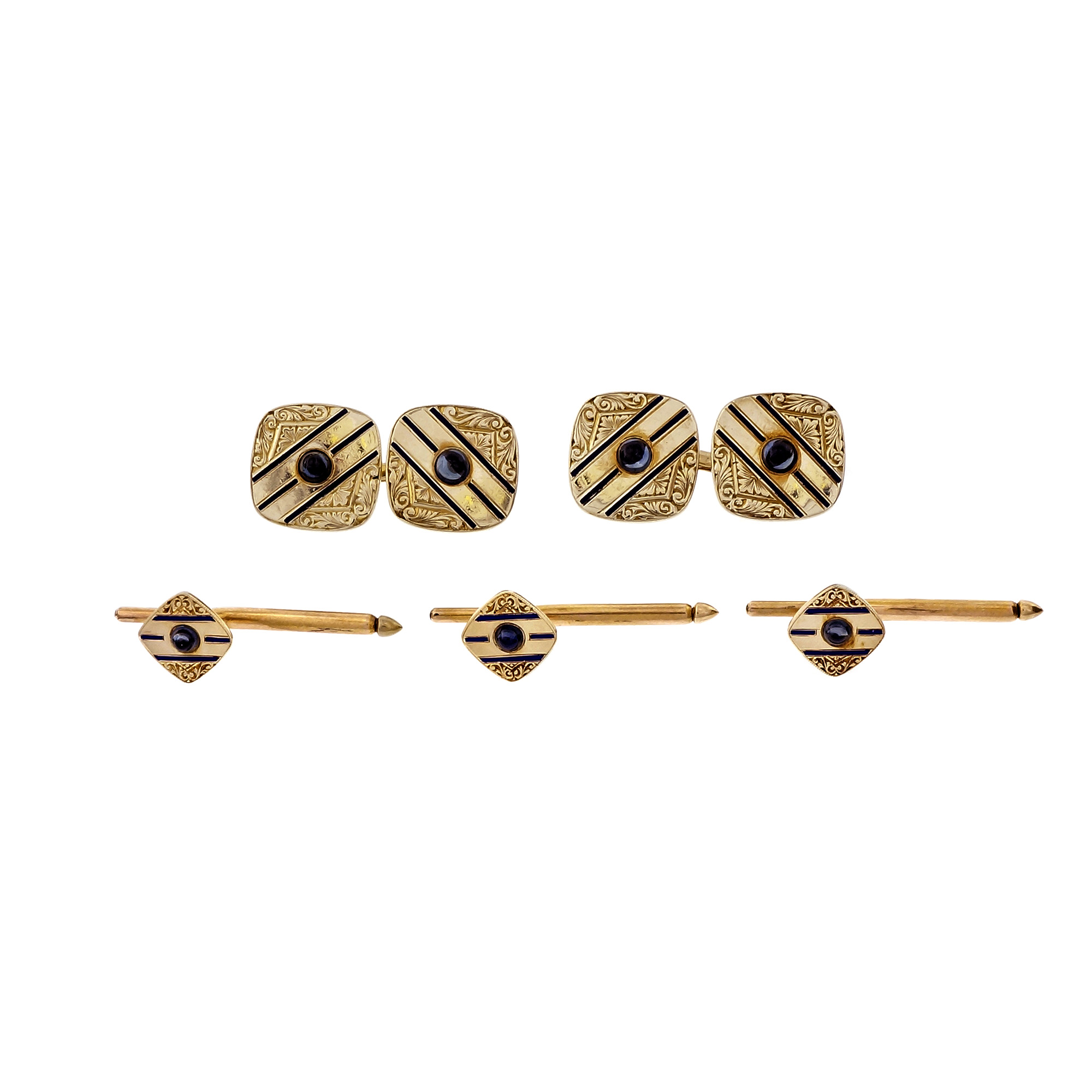 14k Yellow Gold Sapphire Art Deco Cuff Link Shirt Stud Dress Set 