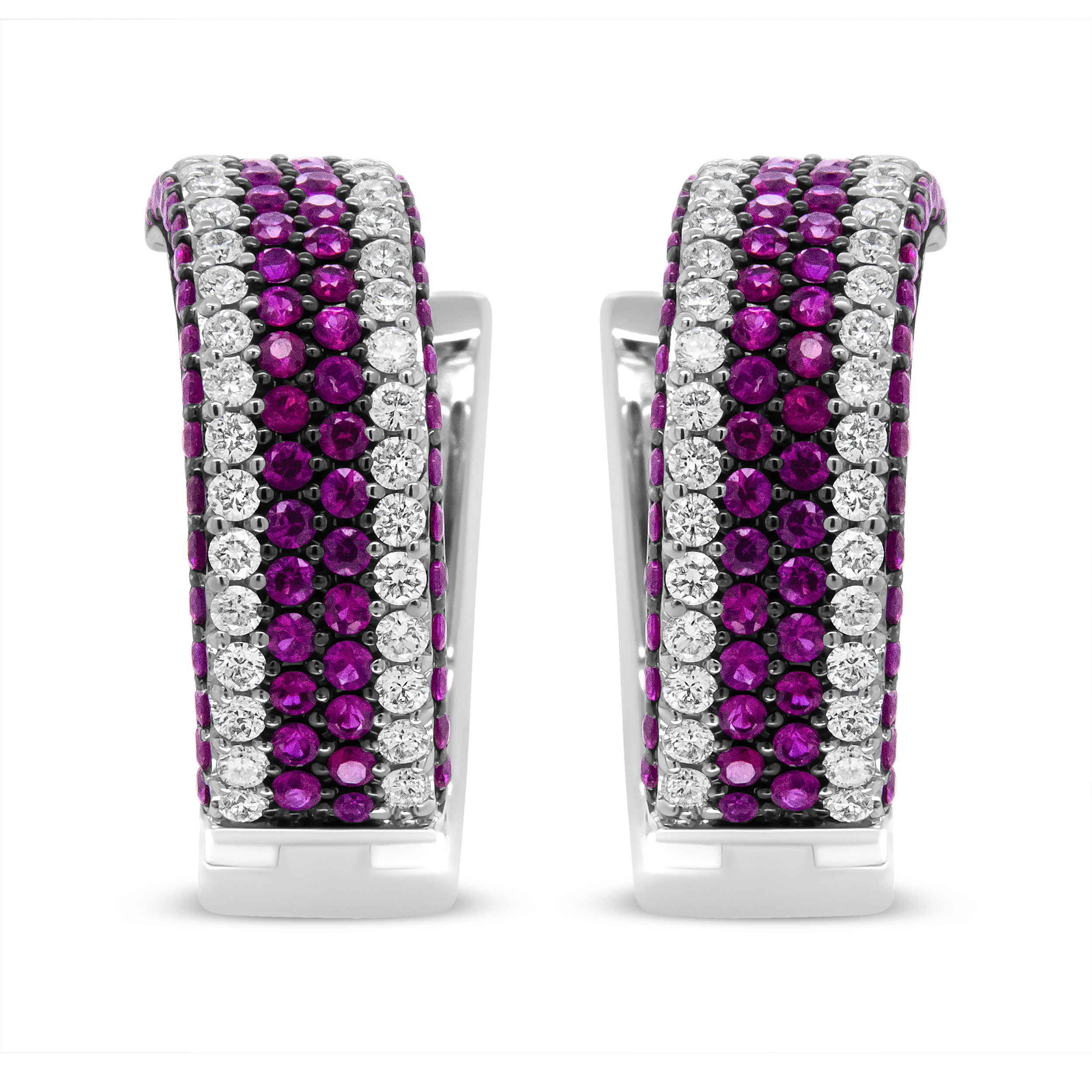 18K White Gold 1 7/8 Cttw Diamond and 1mm Round Red Ruby Open Swish Hoop Earrings (F-G Color, VS1-VS2 Clarity)