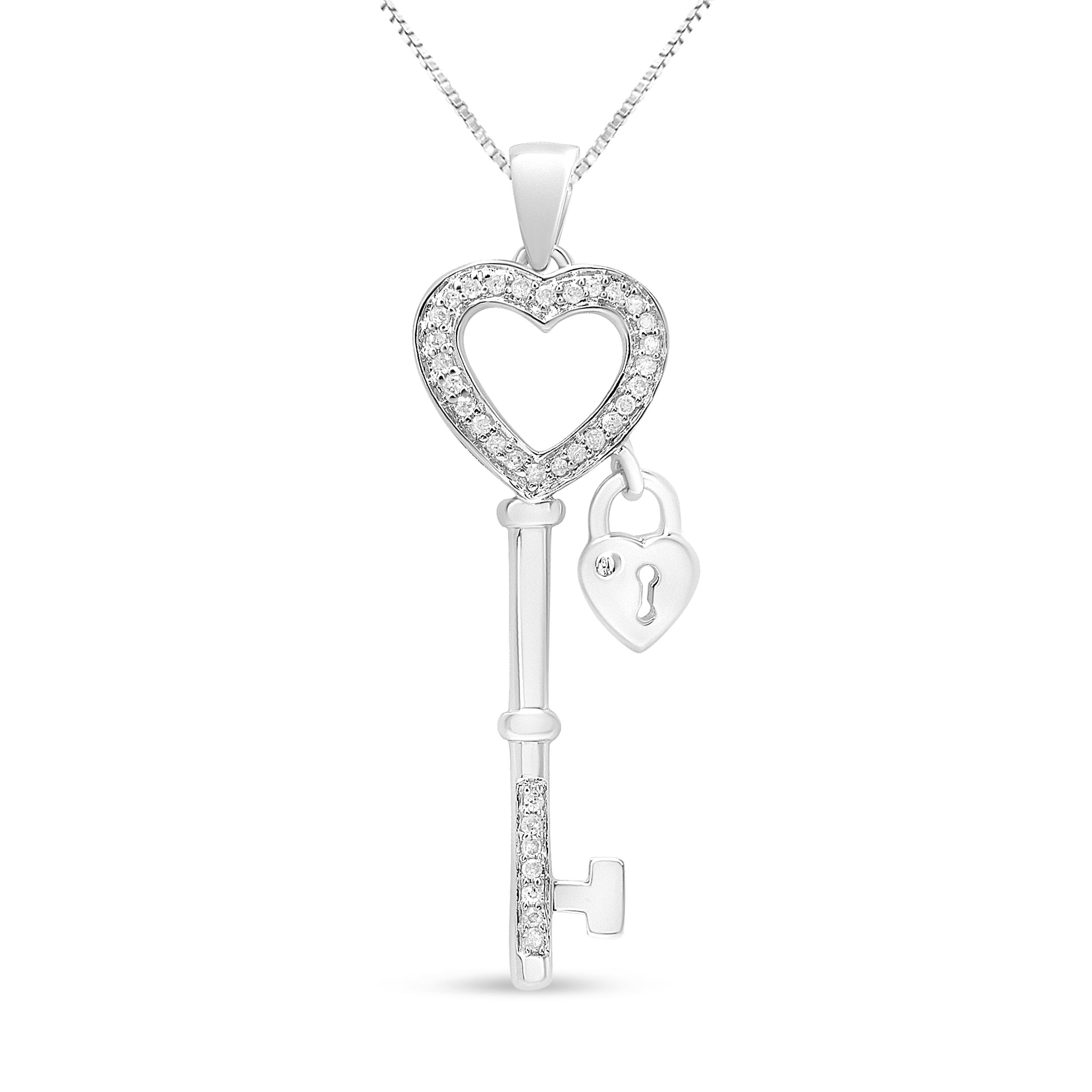 .925 Sterling Silver 1/4 Cttw Diamond Lock  Key heart 18" Pendant Necklace (I-J Color, I3 Clarity)