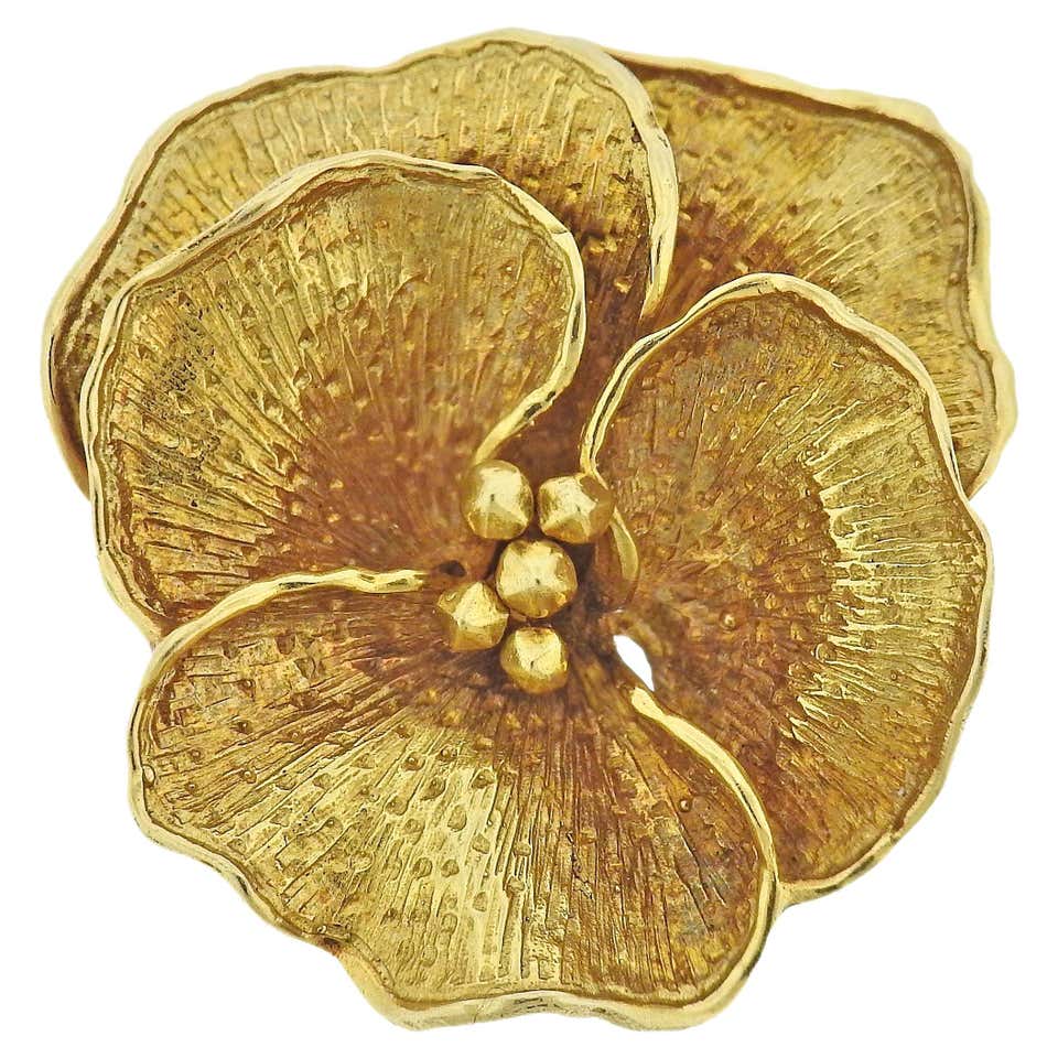 Tiffany  Co Pansy Flower Gold Brooch Pin