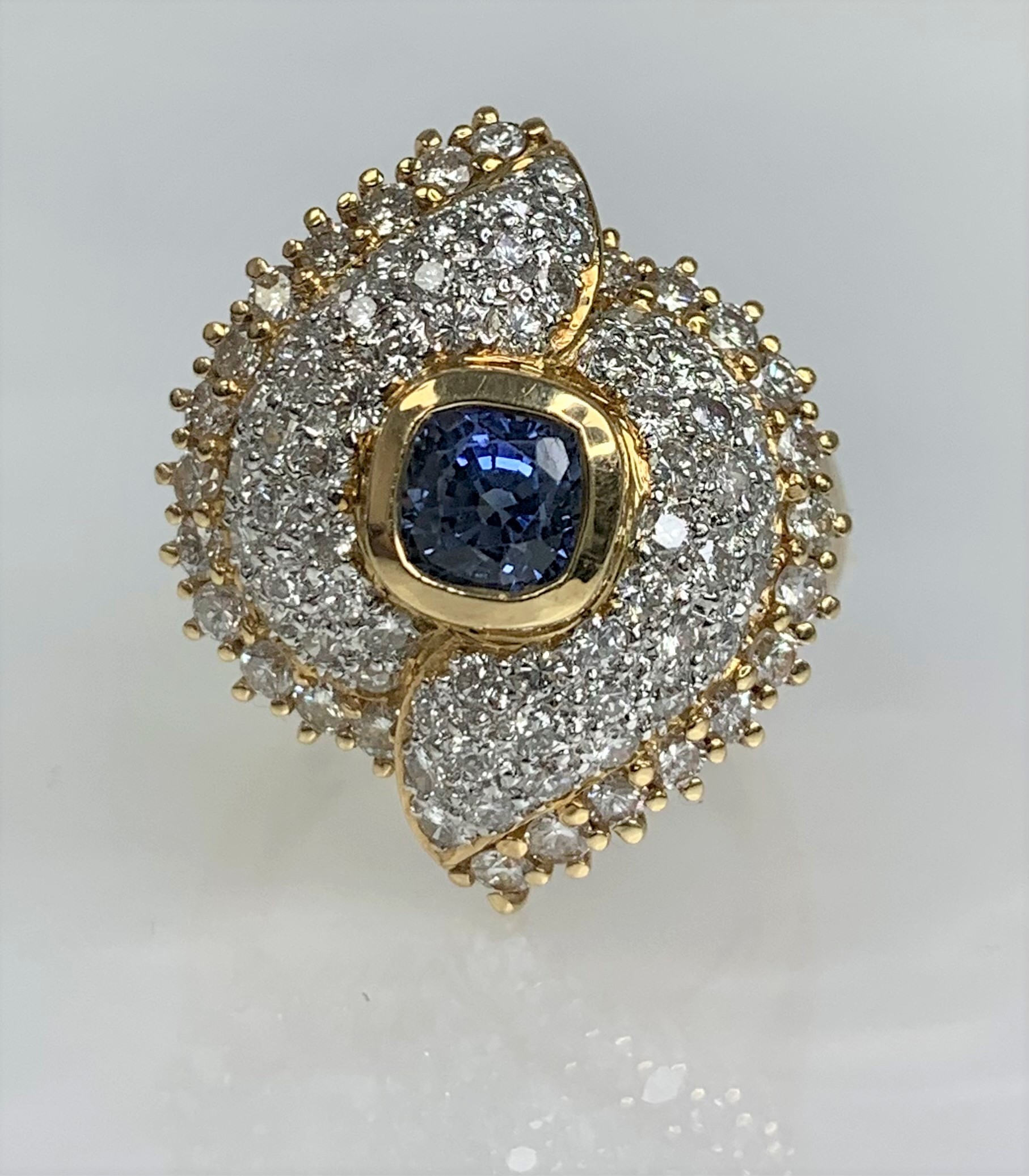18K Yellow Gold Cushion Cut Blue Sapphire Diamond Ring