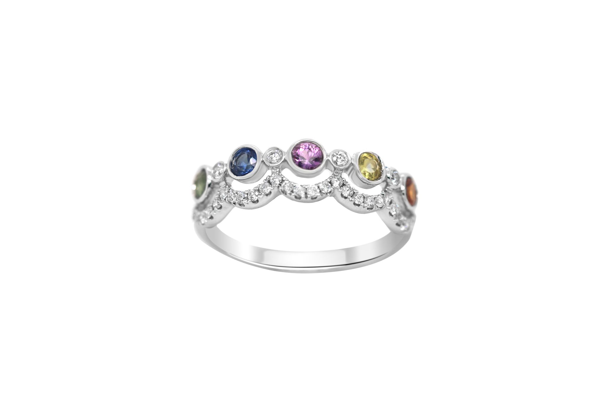 18k White Gold with Diamonds and Multi-colored Sapphire Ring