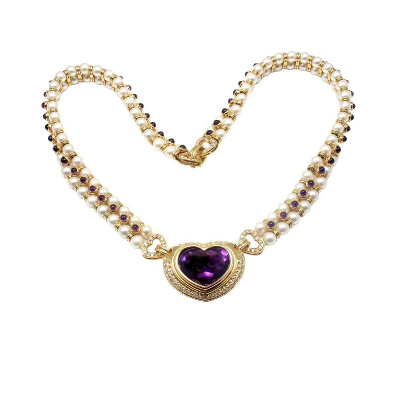 Bulgari 18K Yellow Gold Diamond Amethyst Pearl Necklace
