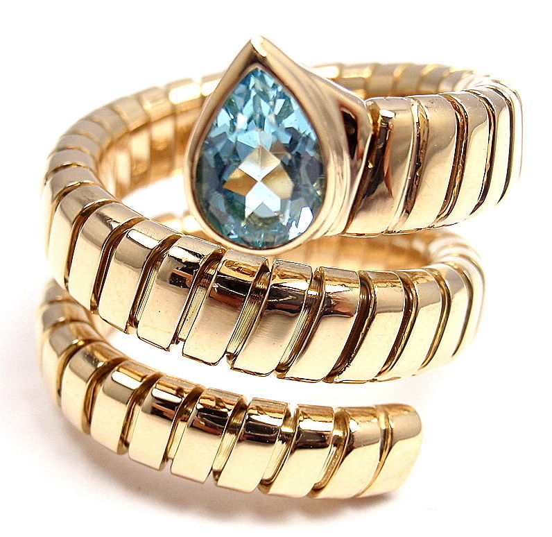 Bulgari Tubogas 18K Yellow Gold Blue Topaz Coil Snake Ring