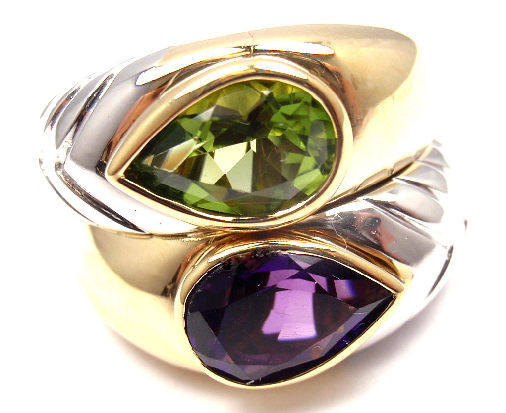 Bulgari 18K Yellow  White Gold Amethyst Peridot Ring