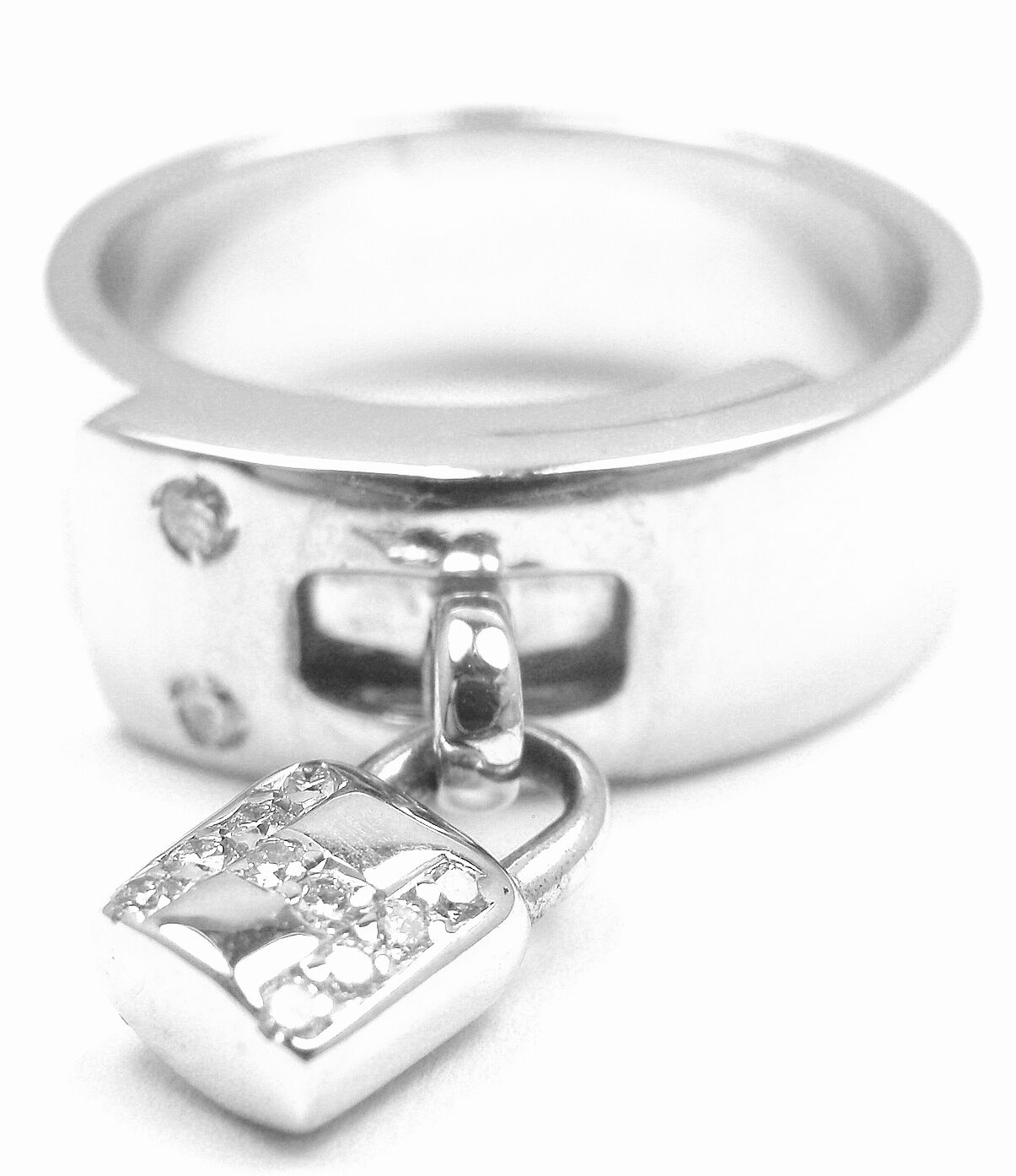 Hermes 18k White Gold Diamond "H" Lock Band Ring Size 5