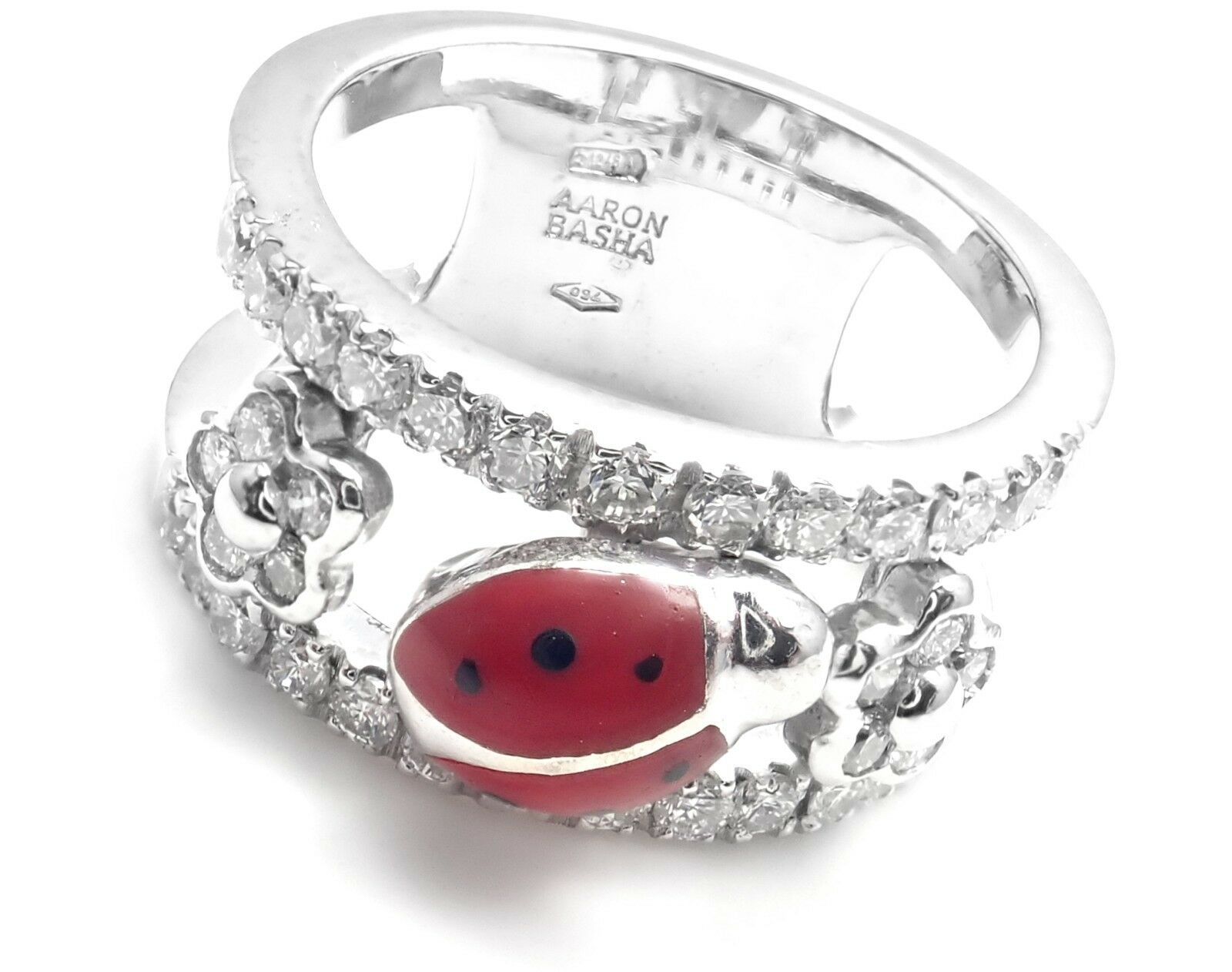 Aaron Basha 18k White Gold Diamond Red Enamel Ladybug Band Ring